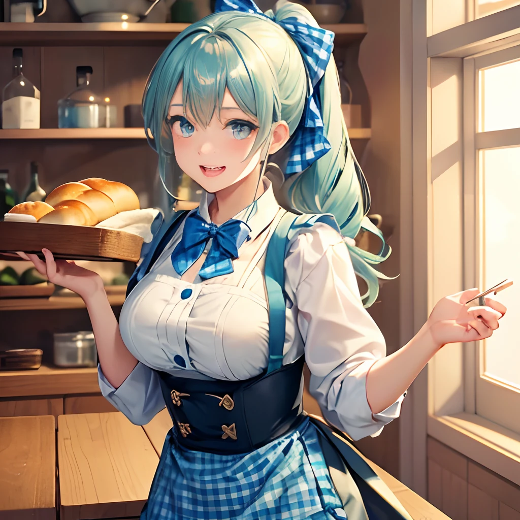 {{{{{masutepiece,Best Quality,ultra-detailliert}}}}},1woman,beautiful ponytail hair style,cute green eyes,cute face,(gingham-check suspender-apron:1.3), (solid-blue high-waist skirt:1.3), (apron over skirt:1.2), (white blouse:1.3), (double-breasted,underbust:1.2), short sleeves, button gap, (solid-blue bow-tie:1.2),happy laugh,beautiful shelves lined with bread in bakery shop background,have a tray on the some bread,