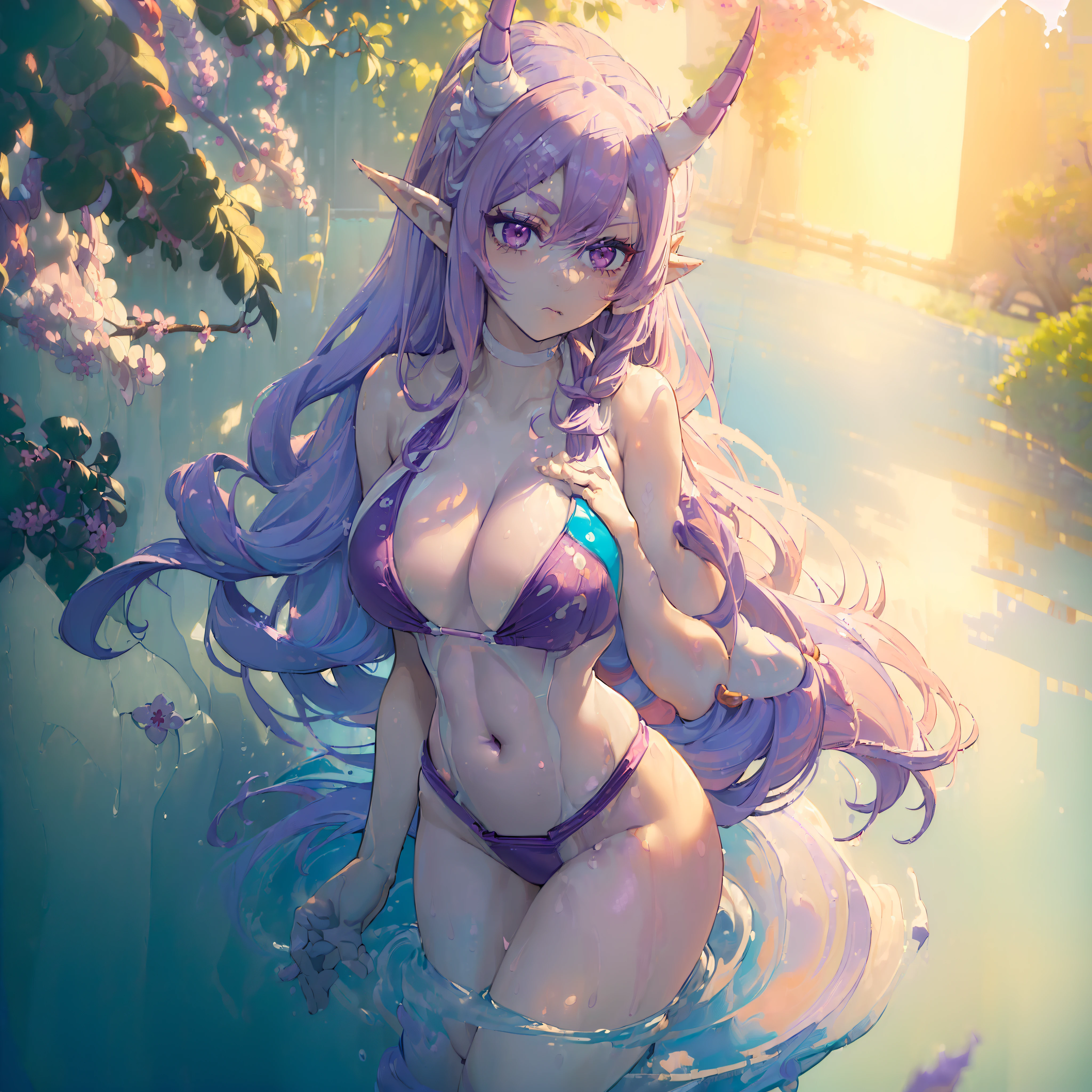 ((((((Masterpiece, best quality)))))), 1girl, purple hair, long hair, ((((sakura in hair)))) (((long purple hair))), (((white eyelashes))), purple pink eyes, elf, (((elf ears))), ((((two white pink oni horns), ((cute swimsuit)), ((cute bikini)), full body shot, large breasts, waist high water, ambient lighting