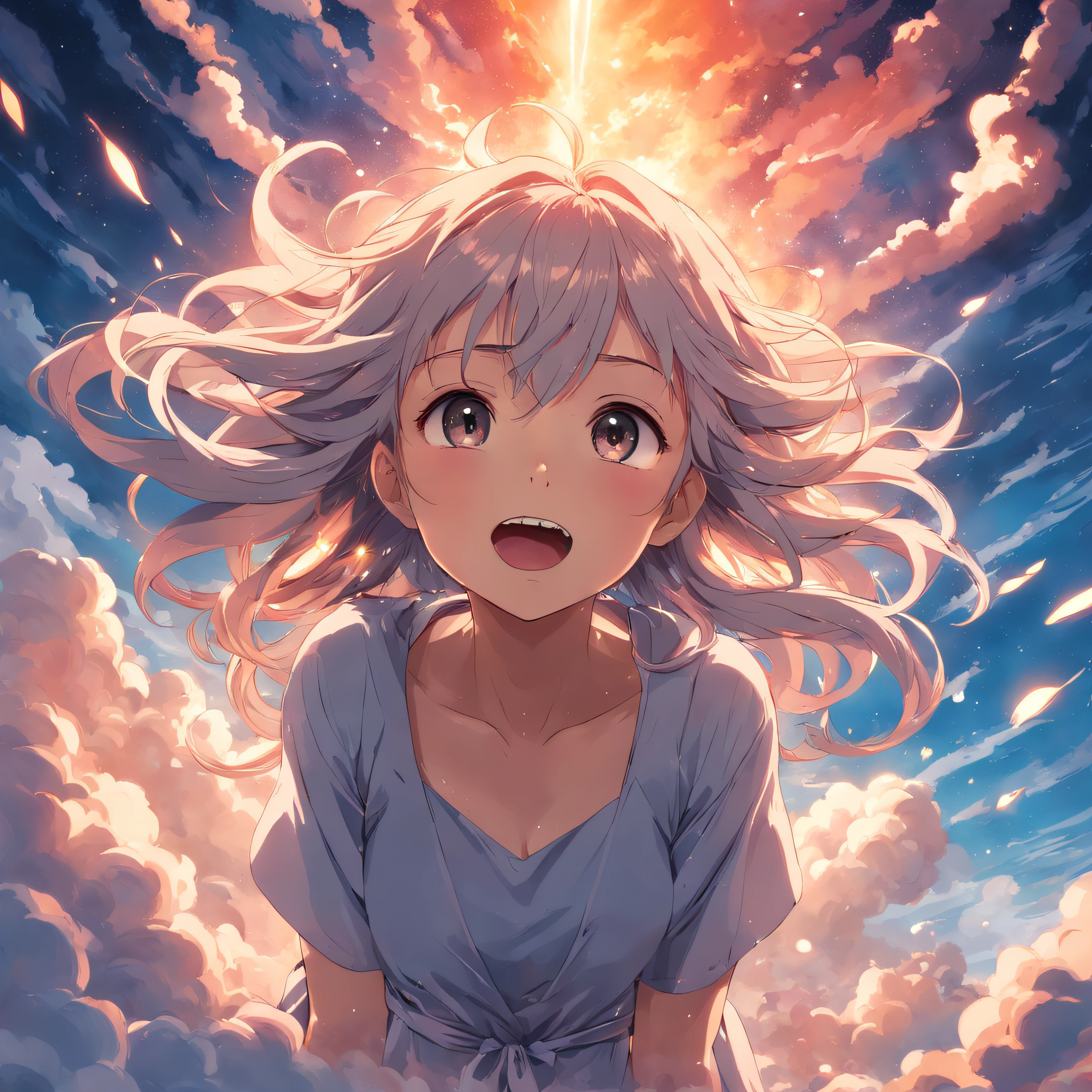 masterpiece, best quality, movie still, 1girl, cloud girl, floating in the sky, close-up, bright, happy, warm soft lighting, sunset, (sparks:0.7)