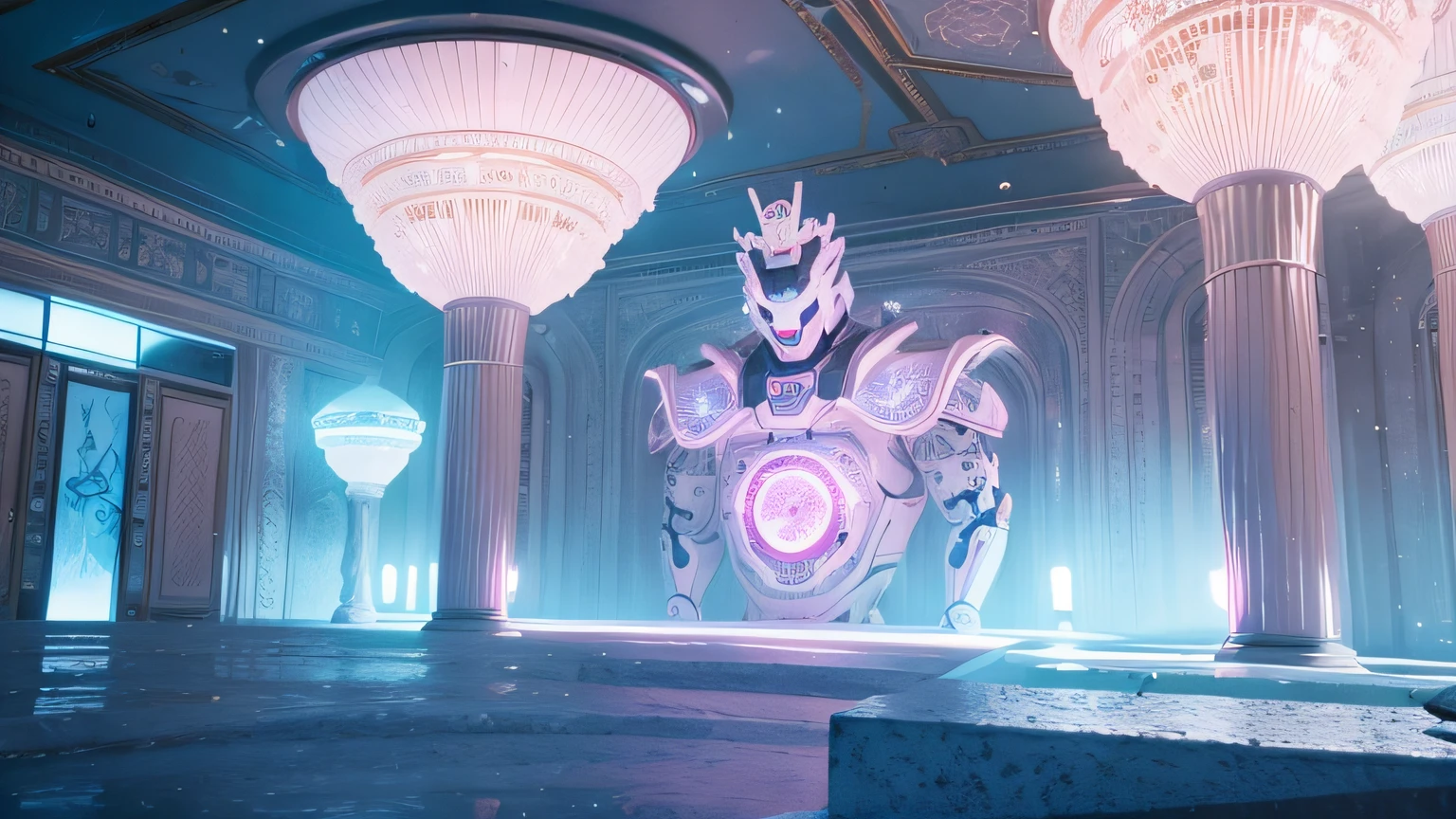 a palace with a robotic king. robotic king. neon crown. A strong robotic king. a white male robot. Room with neom lights, balcony for alien life. alien city. White and Pink, 8K, Realistic photo, male robot, deep color, fantastical, intricate detail, splash screen, complementary colors, 8k resolution trending on Artstation Unreal Engine 5"