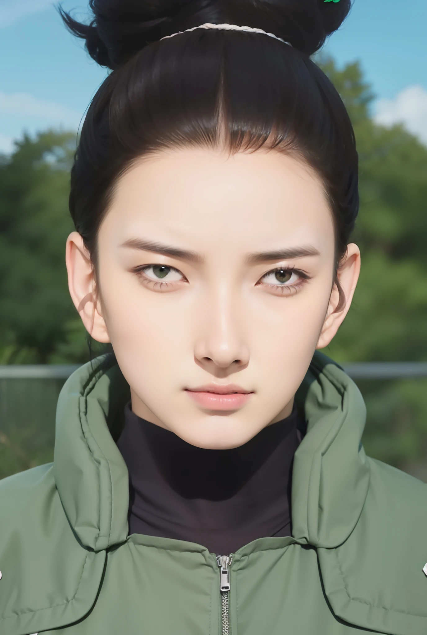 Real life adaption of this character,1boy,korean adult face handsome, realistic hair tied up, realistic outfit wear Thick green vest, realistic light, realistic shadow, hyper realistic, realism,(photorealistic:1.2)