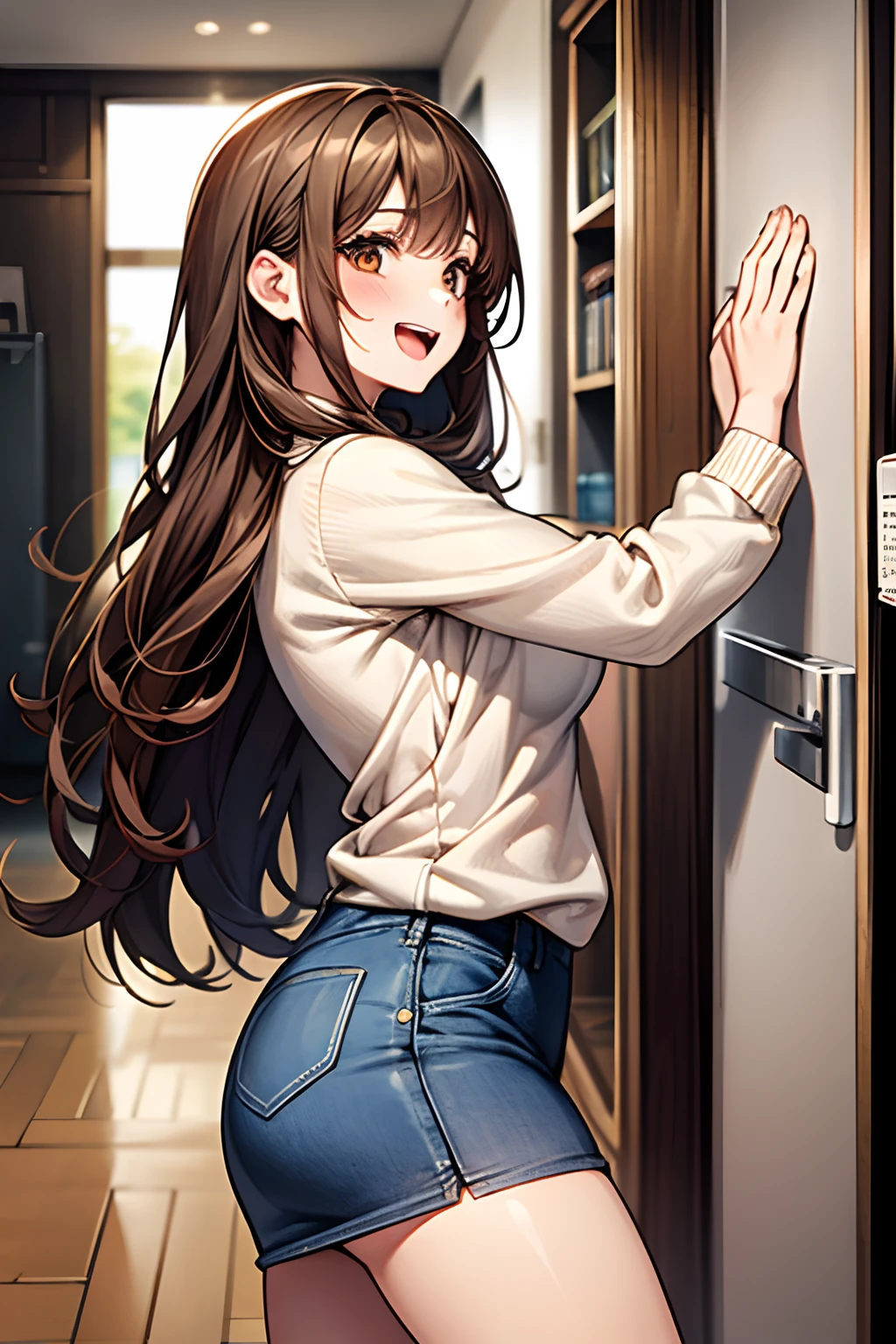 ((1girl in)), Curate, Anatomically correct, Super Detail, top-quality, Very delicate, The upper part of the body, Very ite and cute girl , (Breasts are big:1.5), very babrown hair, loose and fluffy semi-long hair, White long sleeve sweater, Denim skirt, Veranda of a modern high-rise apartment, Laughing with open mouth, washing, from the front side