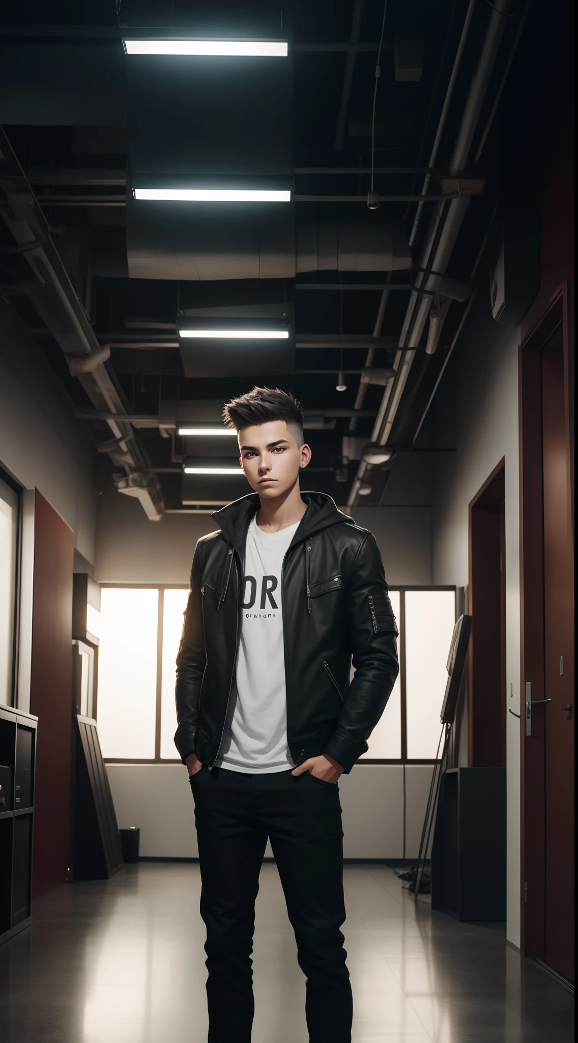 young man name urban legend with short spiky hair in Studio co seeing camera front siting alone show full body