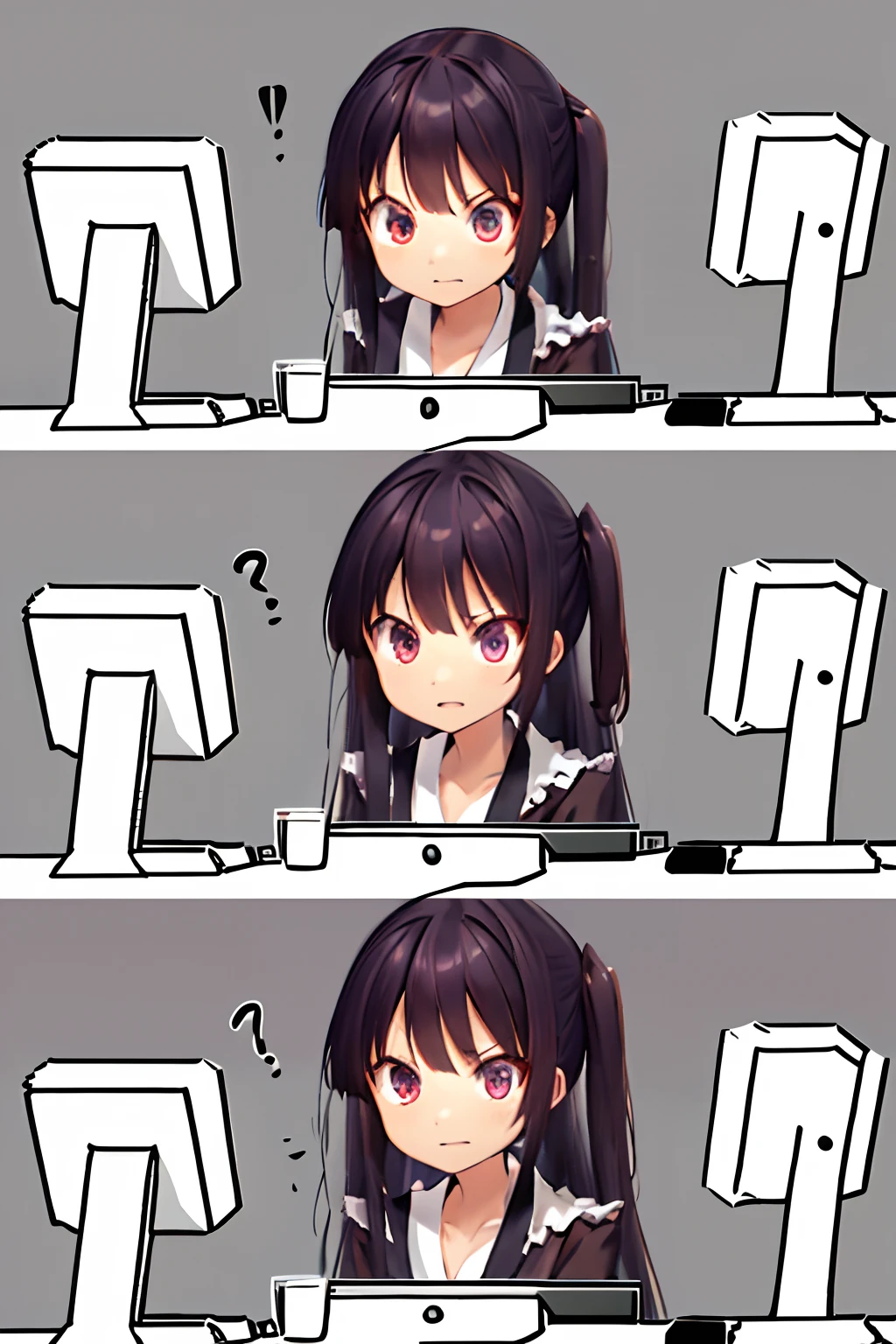 irate、I'm angry、Highly detailed, High quality, masutepiece, Beautiful, 2 frames of a girl sitting confused in front of a computer, kafka, Purple eyes, Jacket,