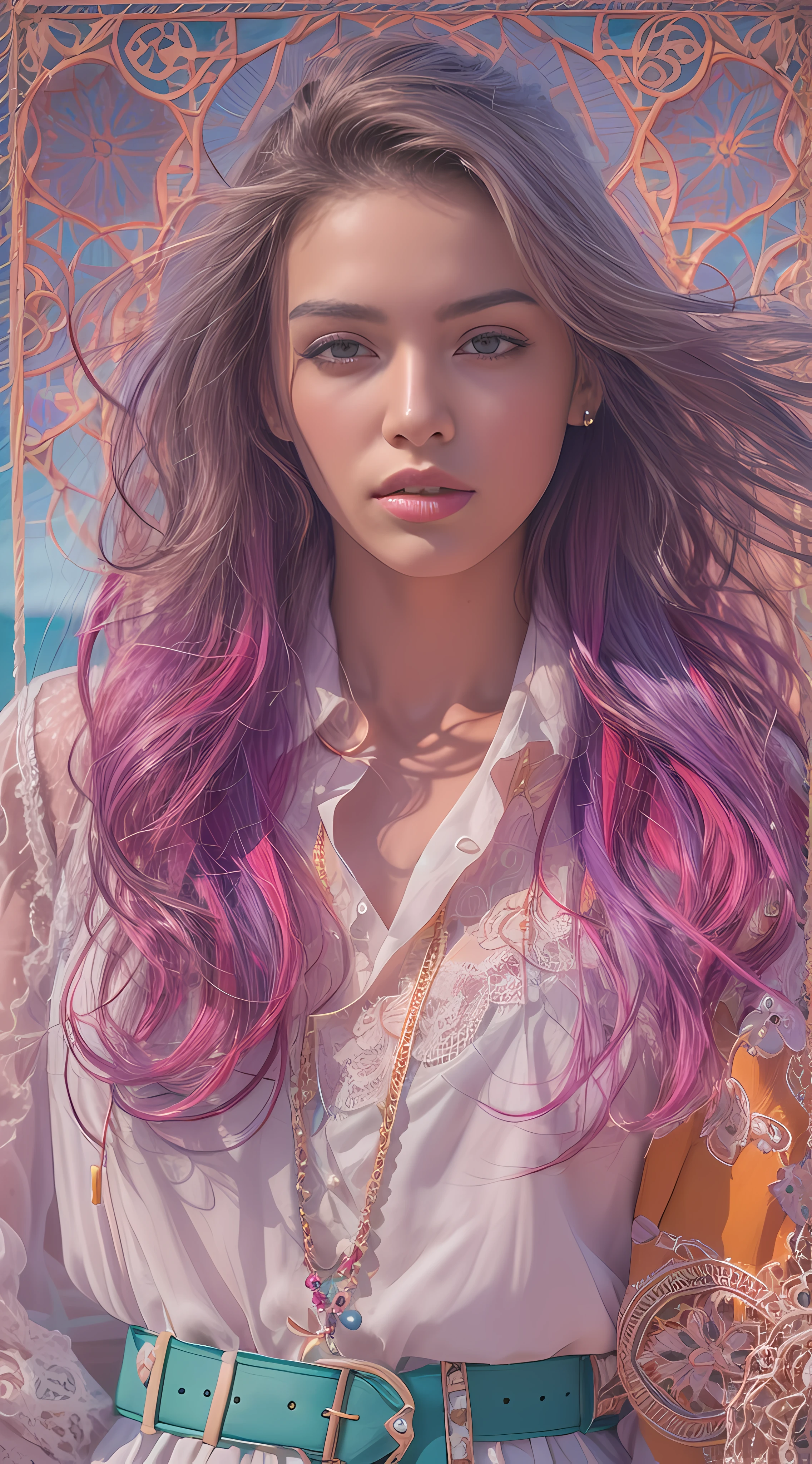 portrait painting of a beautiful fashionista posing on a runway on a beach, lilac orange blue cream and fuchsia bright vivid gradient colors, gorgeous face, long luscious hair, shirt with ???? sleeves and lace, high waist belted shorts, lace socks, romantic academia aesthetic, coastal core aesthetic, close-up, emotional realism, magic realism, conceptual art, figurative painting, hyperrealism, detailed, intricate motifs, organic tracery, elaborate, by vincente romero, by EVA GAMAYUN, BY allison reimold, By Rose Morrison, By Ruby Caurlette