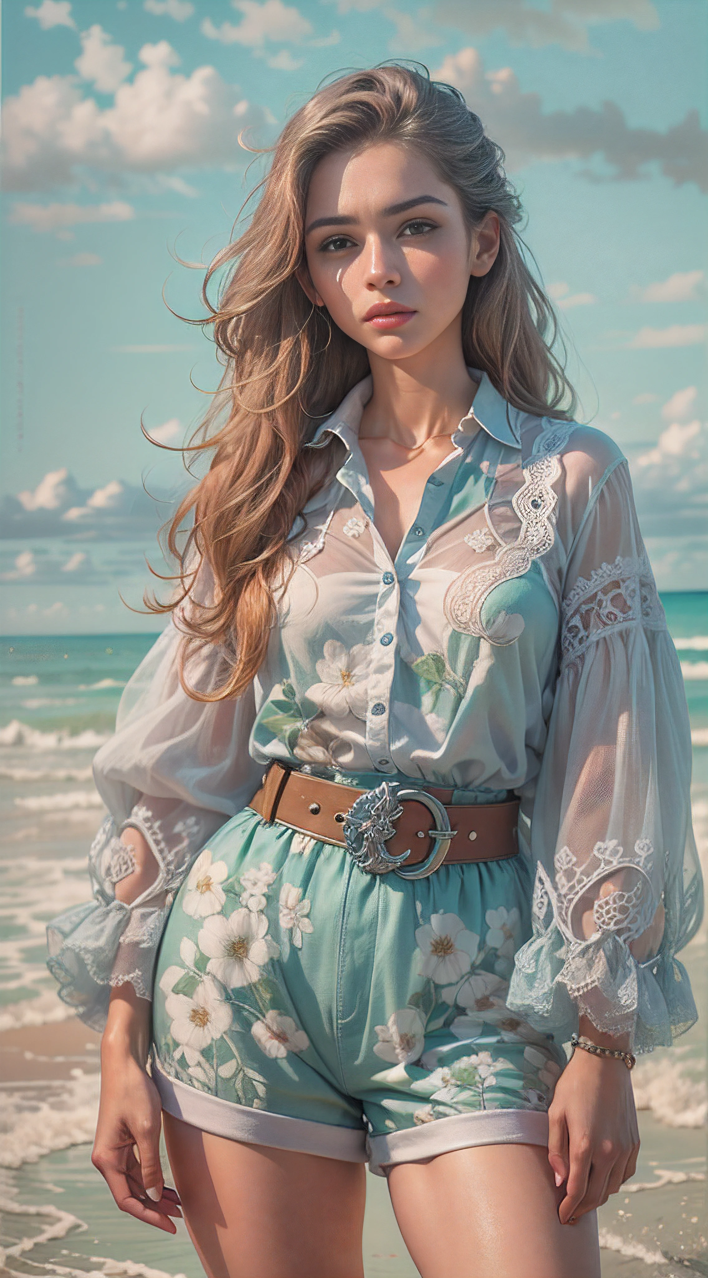 portrait painting of a beautiful fashionista posing on a runway on a beach, lilac orange blue cream and fuchsia bright vivid gradient colors, gorgeous face, long luscious hair, shirt with puff sleeves and lace, high waist belted shorts, lace socks, romantic academia aesthetic, coastal core aesthetic, close-up, emotional realism, magic realism, conceptual art, figurative painting, hyperrealism, detailed, intricate motifs, organic tracery, elaborate, by vincente romero, by EVA GAMAYUN, BY allison reimold, By Rose Morrison, By Ruby Caurlette