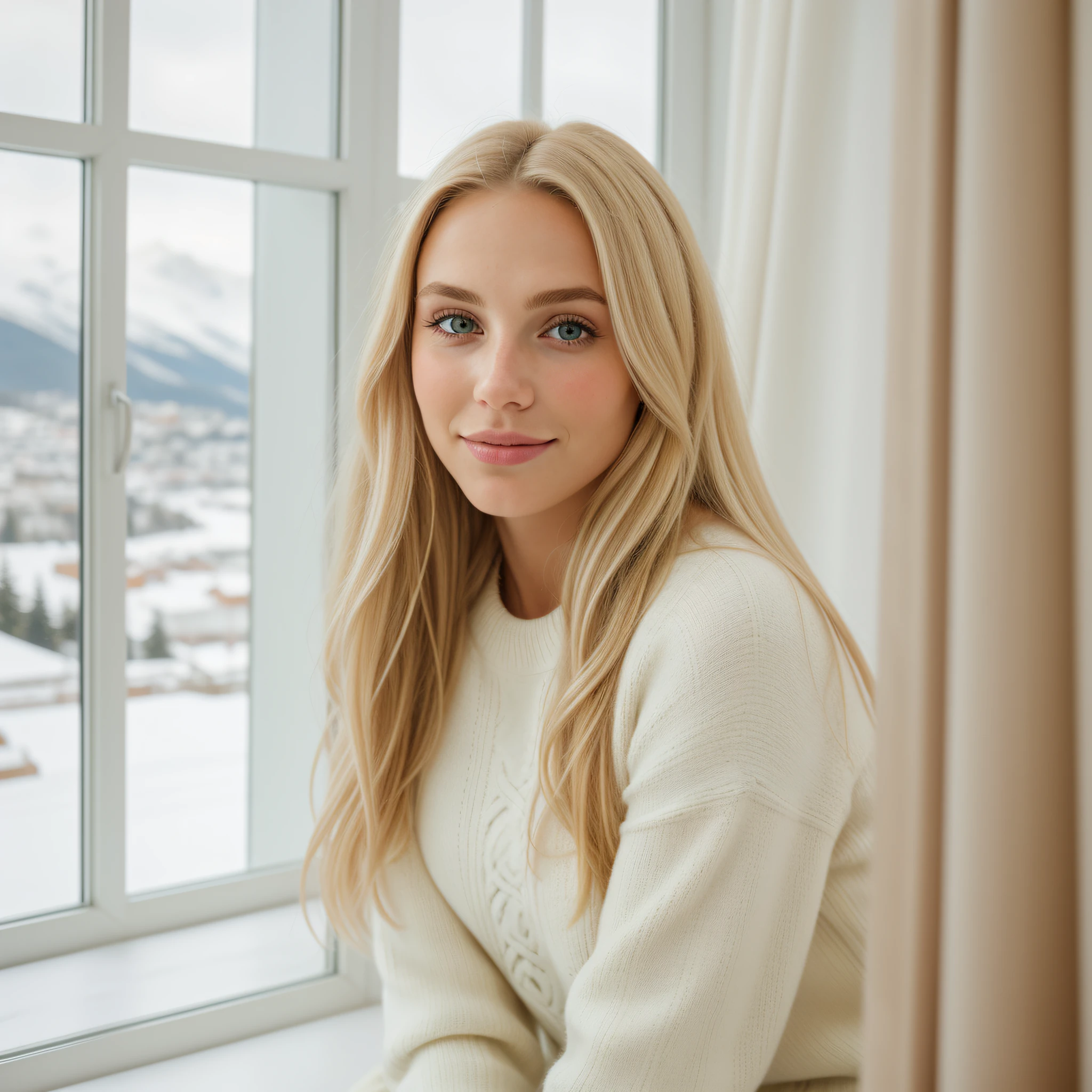 Photo RAW, a beautiful european woman, long dirty blonde hair with blonde tips, wearing only a luxurious sweater, sitting in front of a large window to the view of the snow of Saint Moritz, in a luxurious hotel, SLR camera, ultra-quality, sharpness, depth of field, film grain (center), Fujifilm XT3, crystal clear, frame center, background out of focus and blurred a little, detailed skin pores, oily skin, sunburn, full body, fuller lips