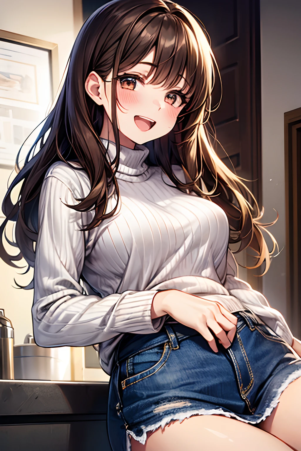 ((1girl in)), Curate, Anatomically correct, Super Detail, top-quality, Very delicate, The upper part of the body, Very ite and cute girl , (Breasts are big:1.5), very babrown hair, loose and fluffy semi-long hair,  White long sleeve sweater, Denim skirt, Veranda of a modern high-rise apartment,  Laughing with open mouth, washing, from the front side