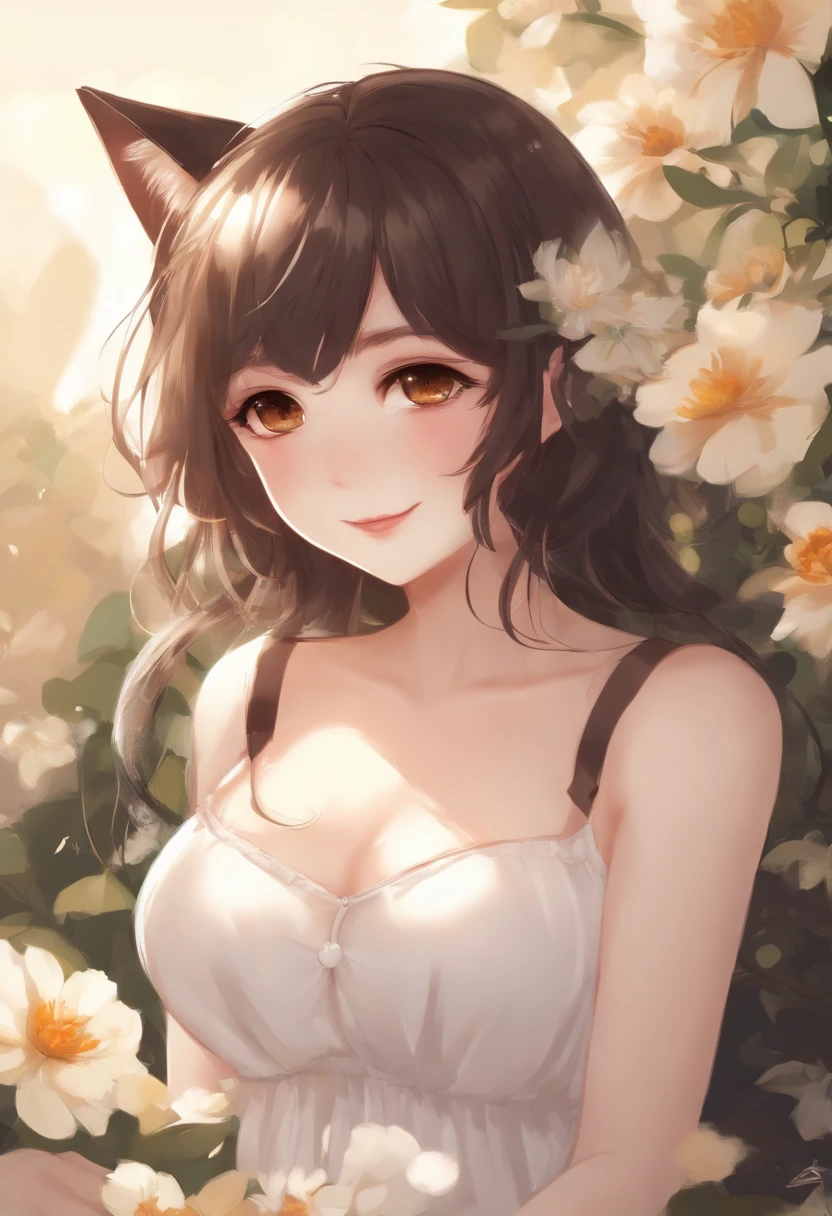 best quality, 1girl, portrait, solo, (light blush:0.5), short hair, shoulder length hair, black hair, bangs, parted lips, smile, (brown eyes), ((small breasts)), [[cat ears]], (loli), innocent, sketch, hair flower ornament, (wearing white camisole), no bra, [covered], white background