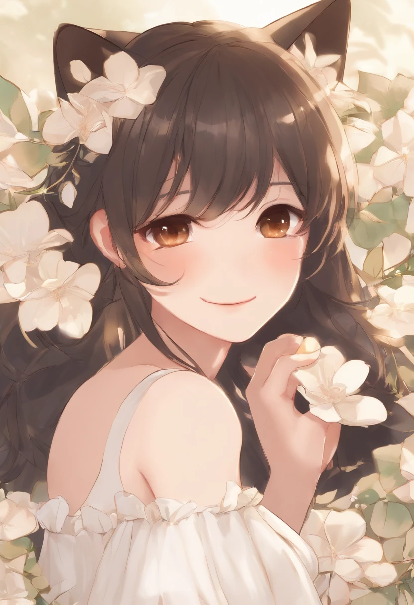 best quality, 1girl, portrait, solo, (light blush:0.5), short hair, shoulder length hair, black hair, bangs, parted lips, smile, (brown eyes), ((small breasts)), [[cat ears]], (loli), innocent, sketch, hair flower ornament, (wearing white camisole), no bra, [covered], white background