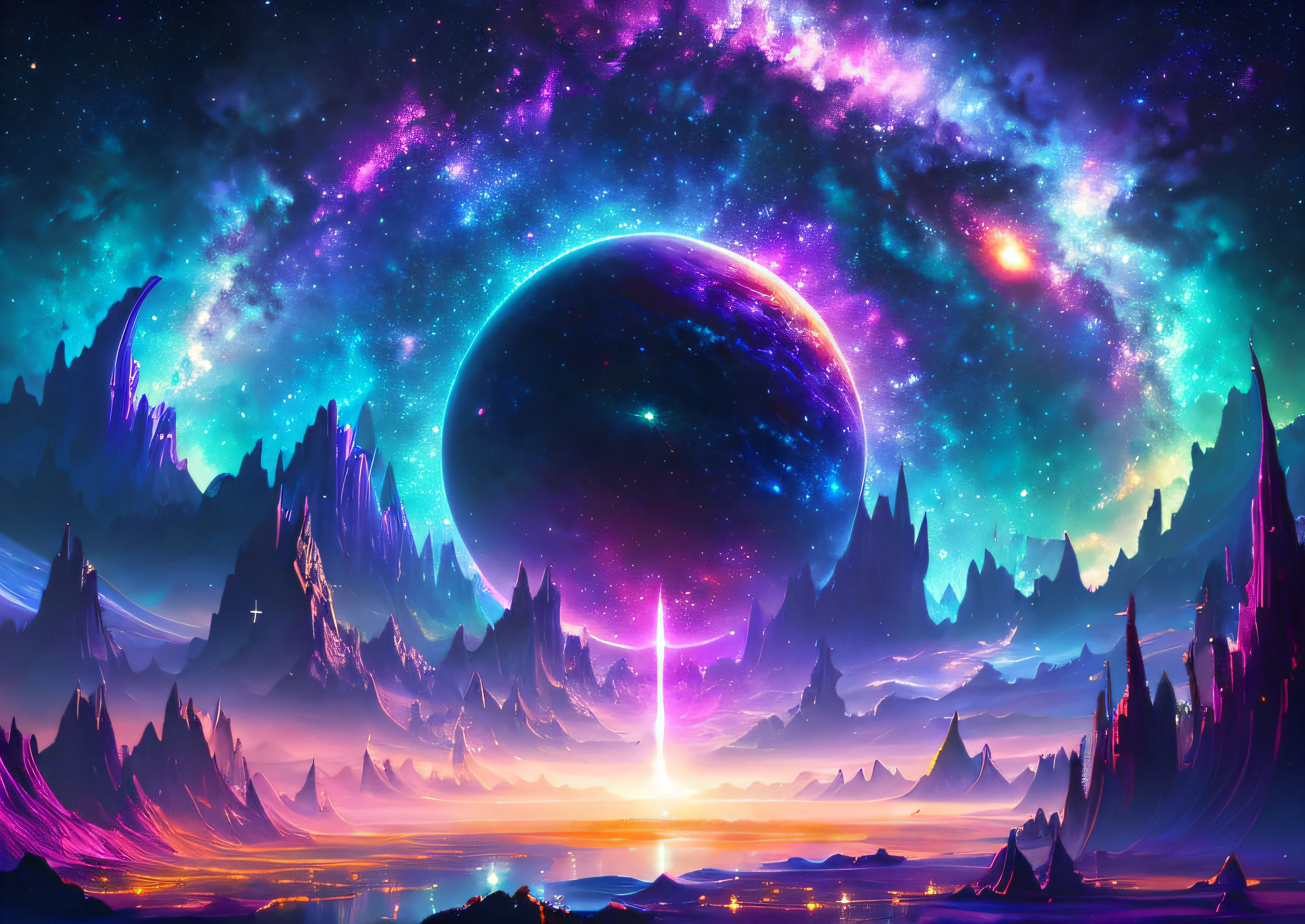 "Create captivating game design inspired by a fascinating fantasy landscape of galaxies. The design must feature a sprawling cosmic scene with, Colors of another world. Include swirling nebulae, distant stars, and celestial bodies in the background, Create a sense of depth and wonder. au premier plan, incorporate elements such as floating islands or fantastic creatures that blend perfectly into the cosmic environment. The overall design should evoke a sense of adventure and exploration, making it a visually stunning and immersive backdrop for players. Use your artistic creativity to bring this fantastic landscape of galaxies to life,