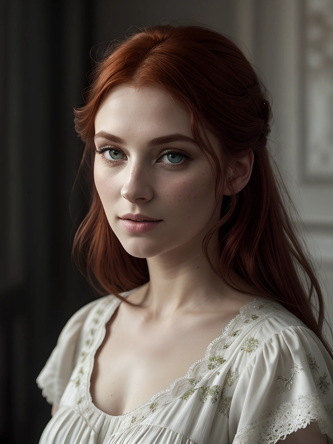 Close-up of a red-haired European woman with green eyes, texture naturelle de la peau, dressed in floral blouses and facing the camera, 24mm, textures 4k, soft cinematic light, photo RAW, photorealism, photoreallistic, complexe, elegant, highly detailed, mise au point nette, ((((Cinematic look)))), tons apaisants, insane detail, intricate high detail, hyperdetailed, faible contraste, soft cinematic light, couleurs faibles, exposure blend, HDR, faded