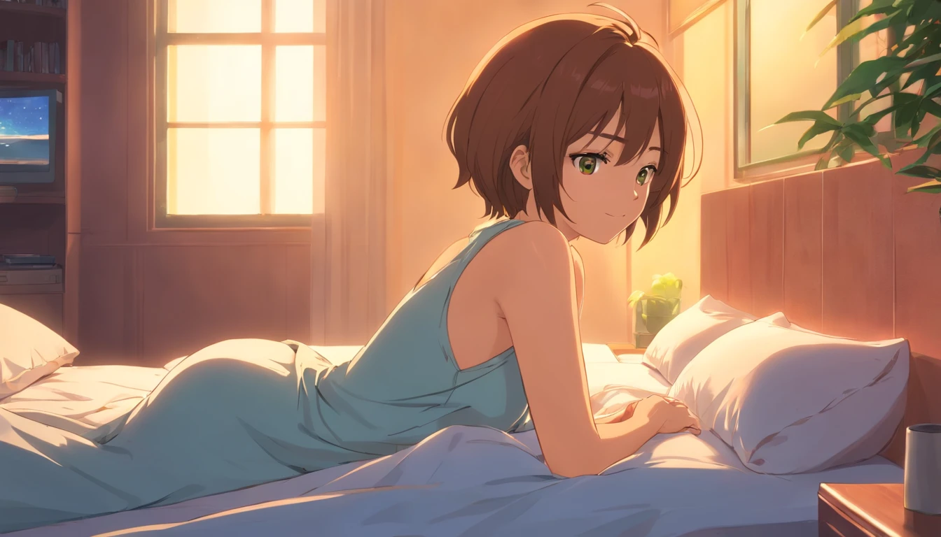 mulher sexy, na cama, ouvir musica