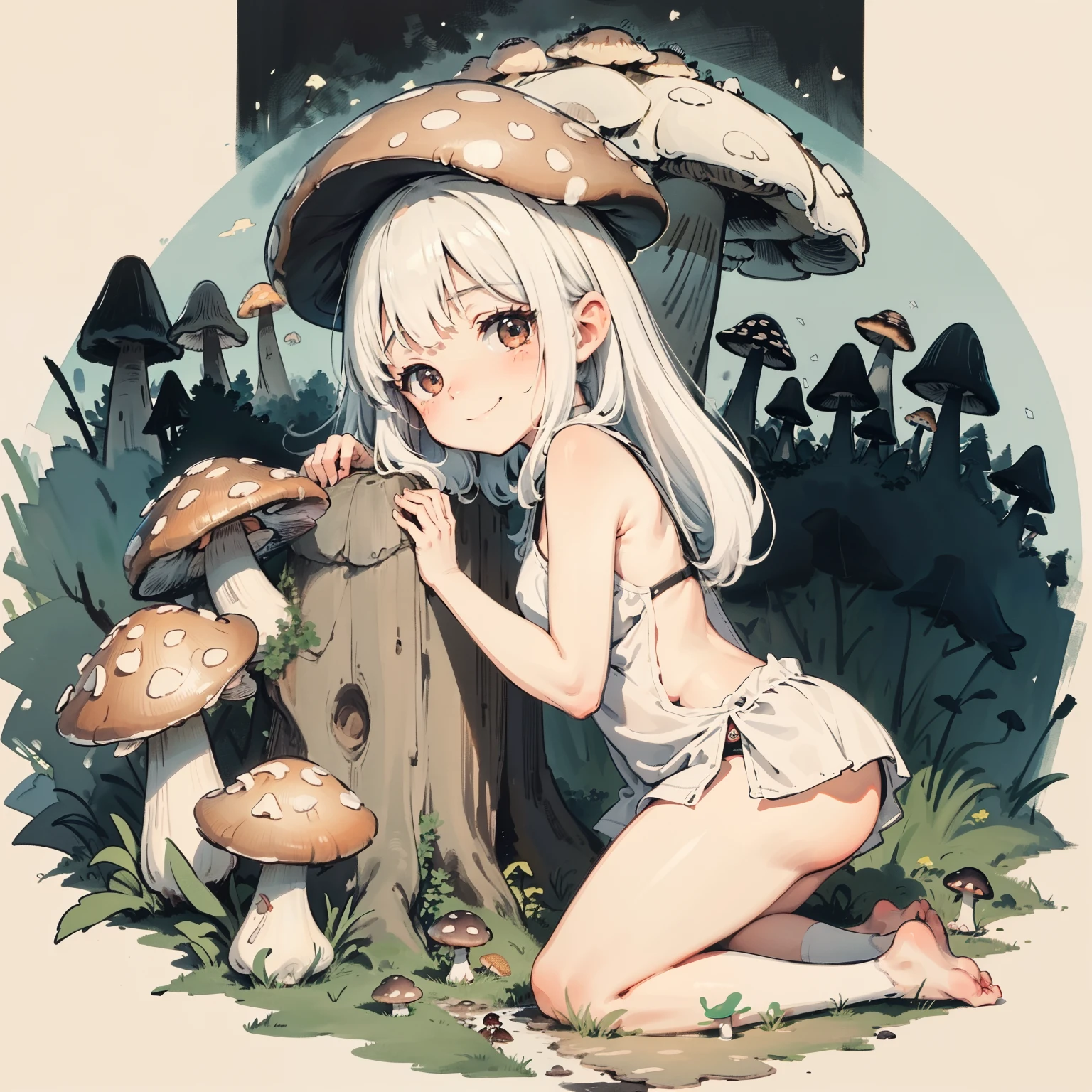 Simple drawing, Mushrooms and girls, tchibi, Cute, Big smile, Dark room, glowing mushrooms, Mushrooms + Mushrooms + Mushrooms + Mushrooms + Mushrooms, Mushrooms on the head, From the side Side,Watercolor illustration, Perfect anatomy, Masterpiece, Best quality, 1girll, Loli,, Solo, (with short white hair:1.2),Nature, landscape