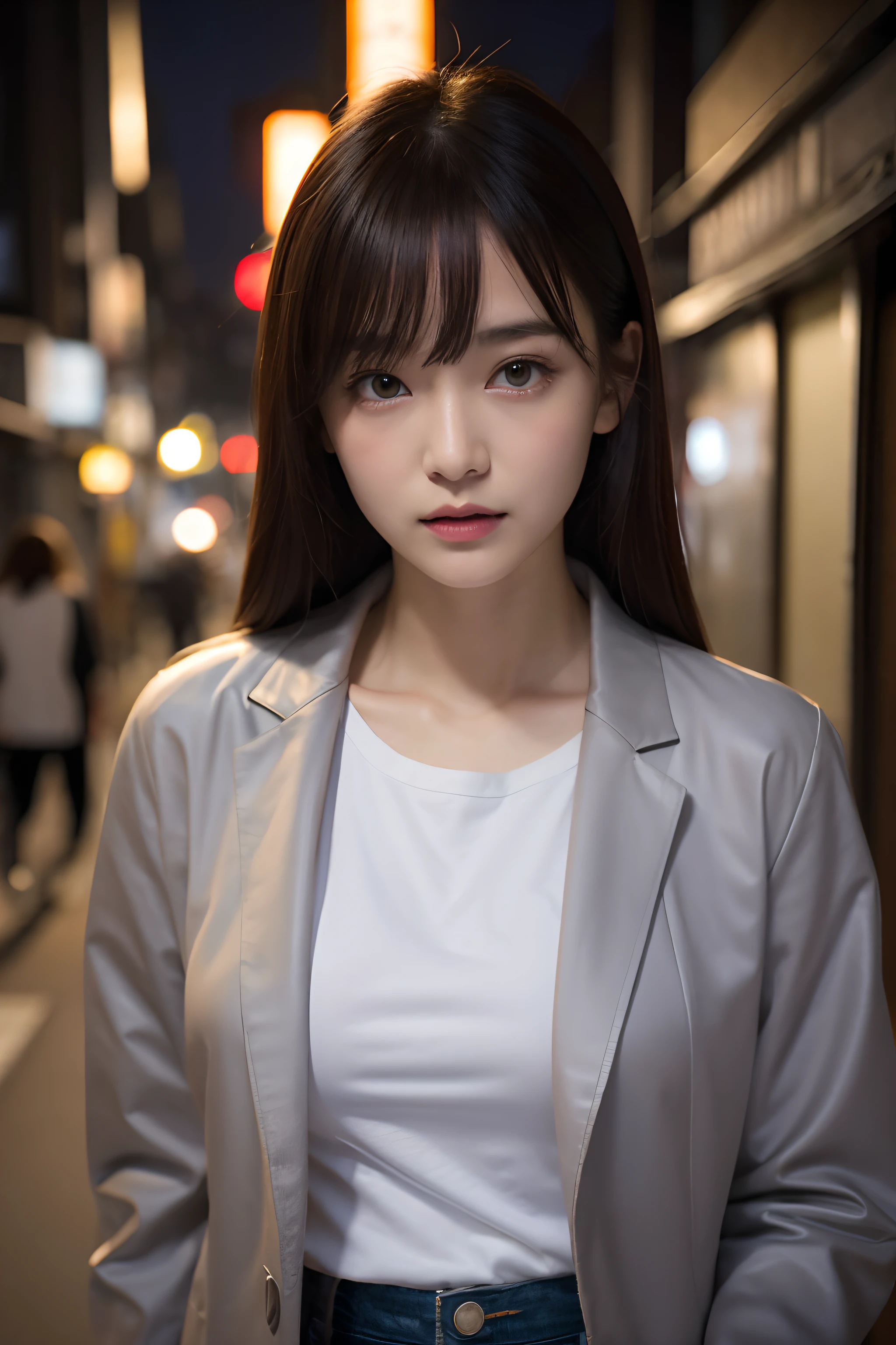 1girl in、Streets of Tokyo、natta、A city scape、city light、The upper part of the body、a closeup、White T-shirt and gray jacket、small tits、8K、Raw photography、top-quality、​masterpiece、realisitic、Photorealsitic、