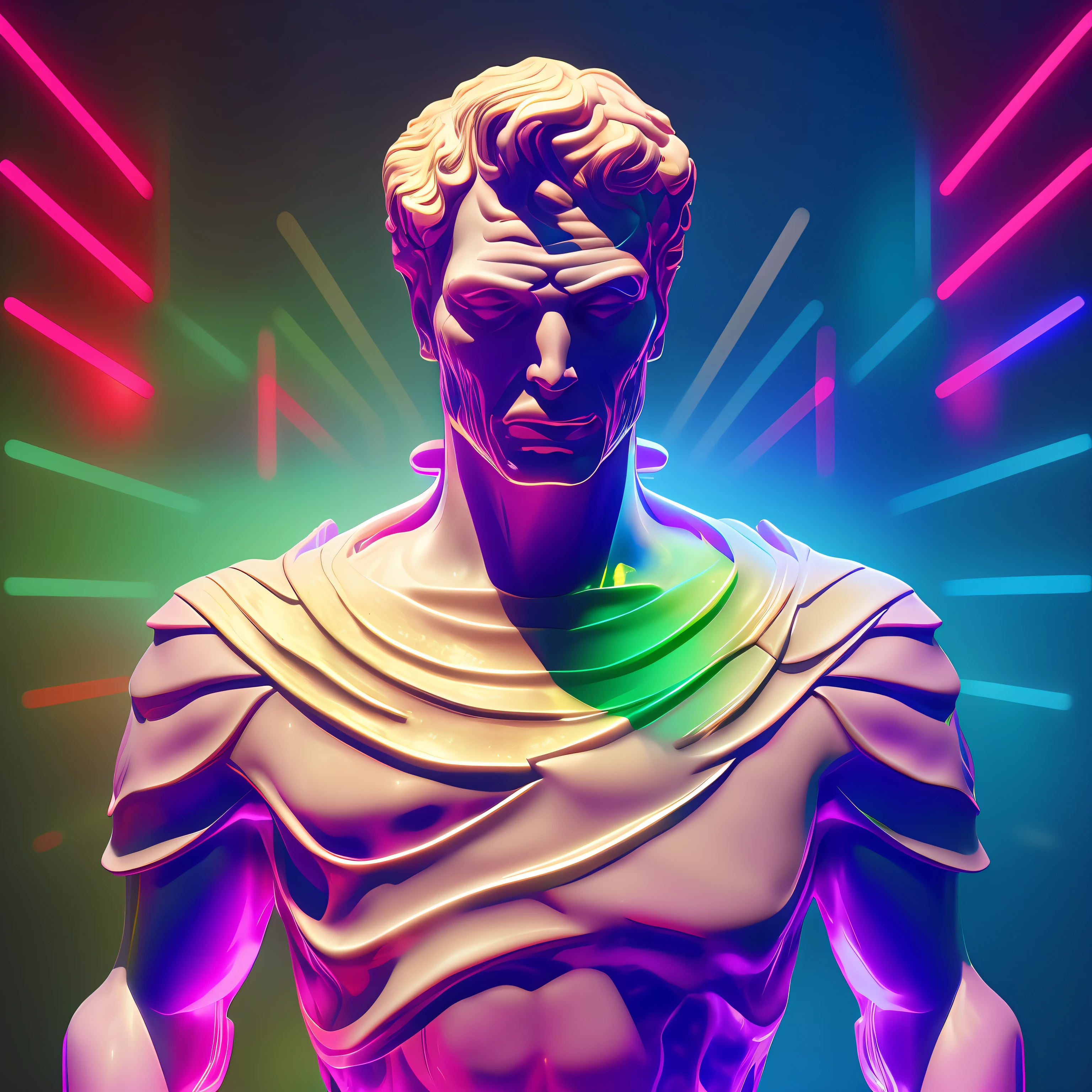a close up of a statue with lines coming out of it, by Mike Winkelmann, holography, vaporwave!, octane render, greek god, blind, neon roman, stoic attitude
