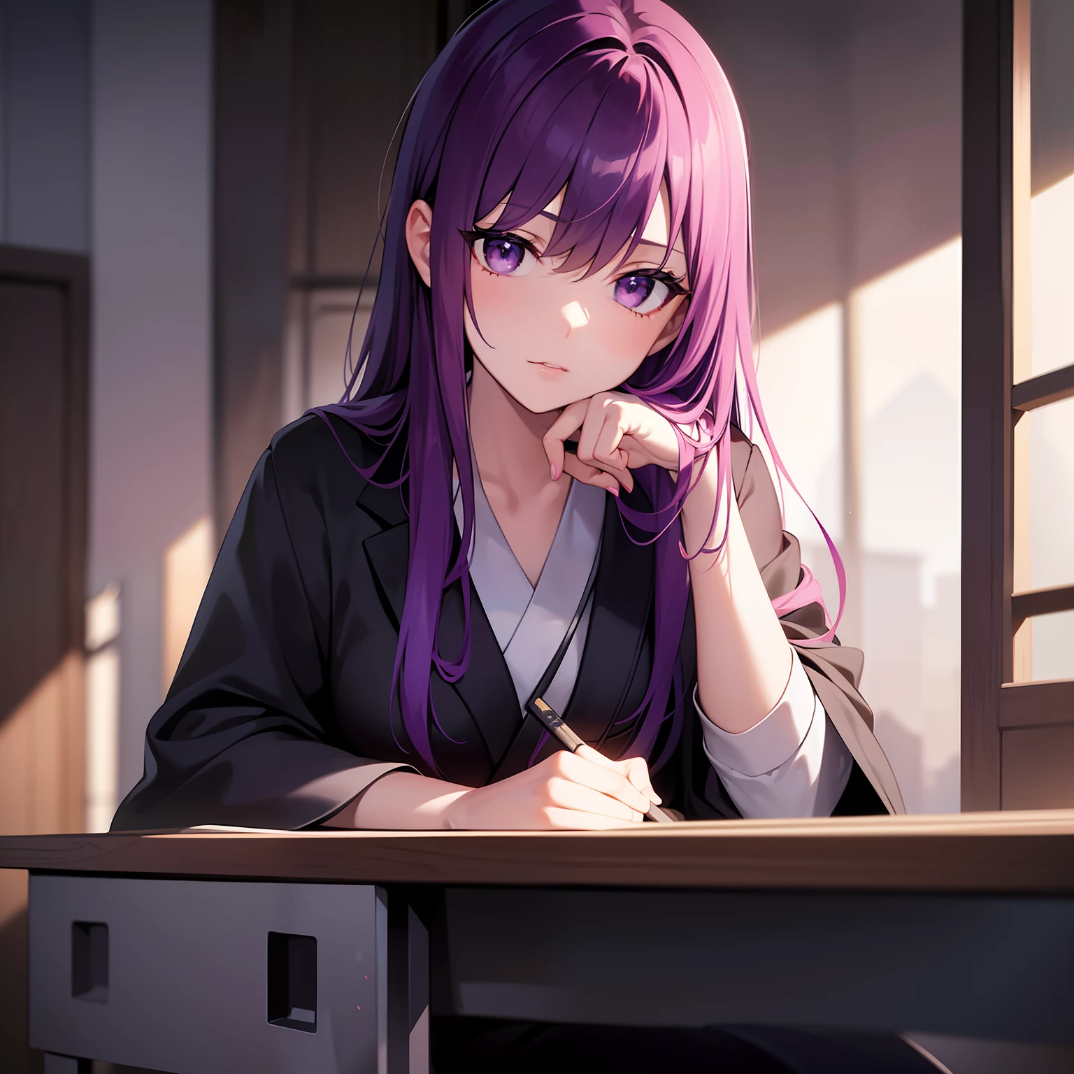 A purple-haired girl sitting at a Japanese school desk, holding a knife in her hand, with a bloody arm. The scene is in an anime style, with the focus on ultra-detailed and realistic elements. The girl is depicted with beautiful, detailed eyes and lips. The artwork is of the best quality, with a resolution of 4k and high detail, making it a masterpiece. The color tone of the image is dominated by dark and dramatic shades, enhancing the mysterious atmosphere. The lighting is strategically placed to create contrast and highlight the eerie mood.
