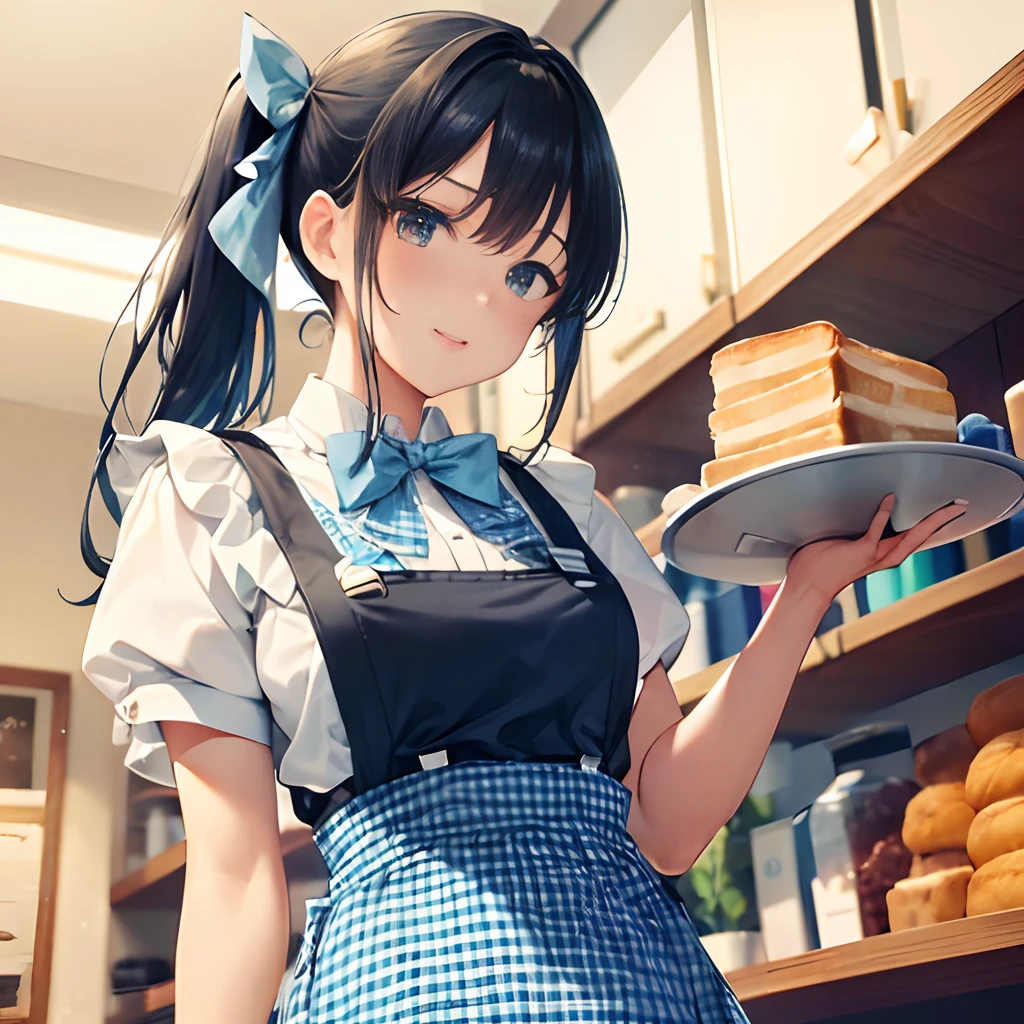 {{{{{masutepiece,Best Quality,ultra-detailliert}}}}},1womanl,Beautiful ponytail hairstyle,cute green eyes,Cute face,(Gingham Check Suspender Apron:1.3), (Solid blue high-waisted skirt:1.3), (Apron over skirt:1.2), (White blouse:1.3), (double-breasted,Underbust:1.2), Short sleeves, buttonGap, (Solid blue bow tie:1.2),Happy laughter,Beautiful shelves lined with bread on bakery shop background,Have a tray on some loaf,