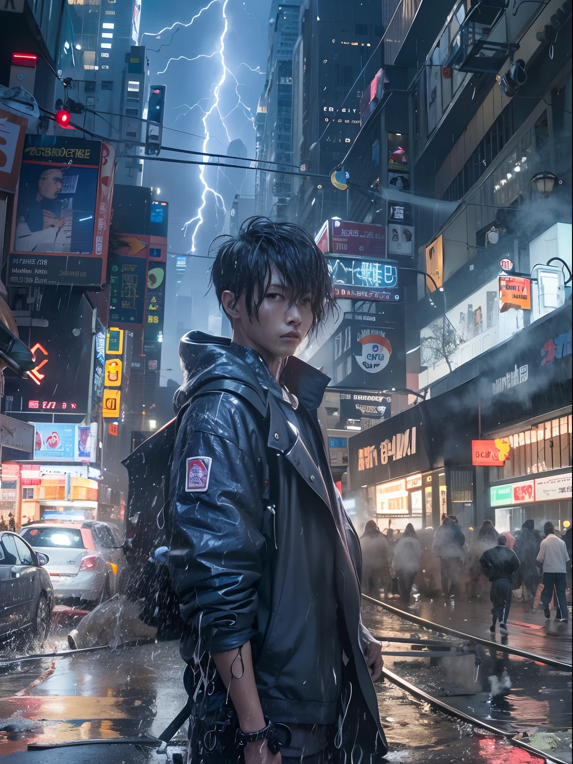 1boy, boy、Wet body、Cyberpunk Boy、The beginning of the adventure、(drenching:2)、(Lightning:1.5)、Lots of clouds,heavy fog、Fog,Chaotic city of the future、Movie dystopia、A group of very tall skyscrapers stands in the center、Very complex cityscape,Crowded Chinese skyscrapers、street signs、streetlights、taxis、buses、Train、Blue lighting,Dark road、Lots of puddles、Chaotic、Beautiful and fantastic scenery、Cinematic scenery、hightquality、masutepiece,in 8K、hight resolution、