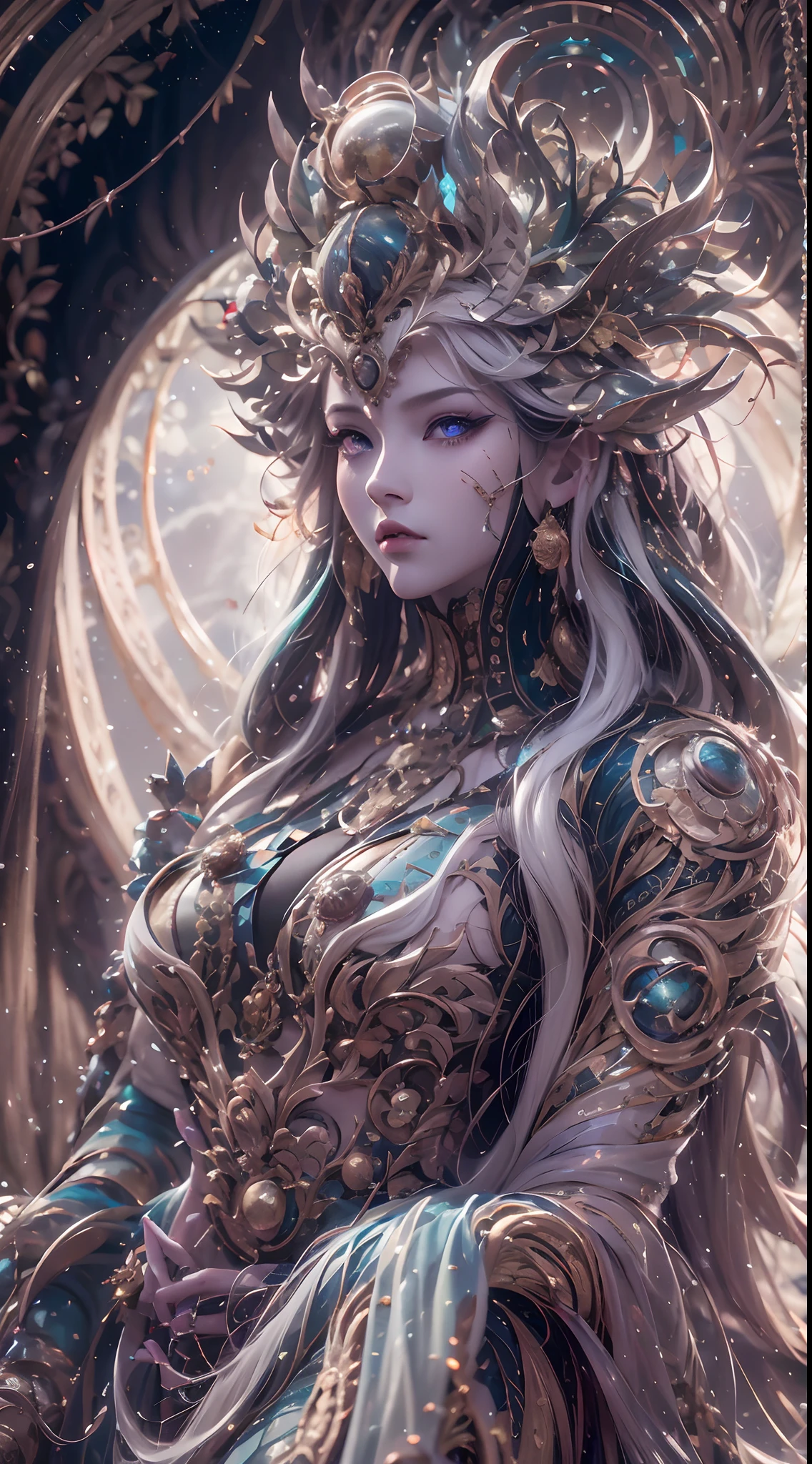 A beautiful full figure painting of perfect female elf woman, shapeless long hair, black hair, white hair, huge mammaries, perfect features, wearing Rococo style dress, art by Carne Griffiths and Wadim Kashin Concept art, ethereal background, abstract beauty, stand, near perfection, pure form, Golden Ratio, minimalism, unfinished, concept art, By Brian Froud and Carne Griffiths and Wadim Kashin and John William Waterhouse, intricate detail, 8k post-production, High resolution, super Detail, art station Trends, sharp focus, studio photos, intricate detail, Very detailed, By Greg Rutkowski --ar 9:16 --auto --s2