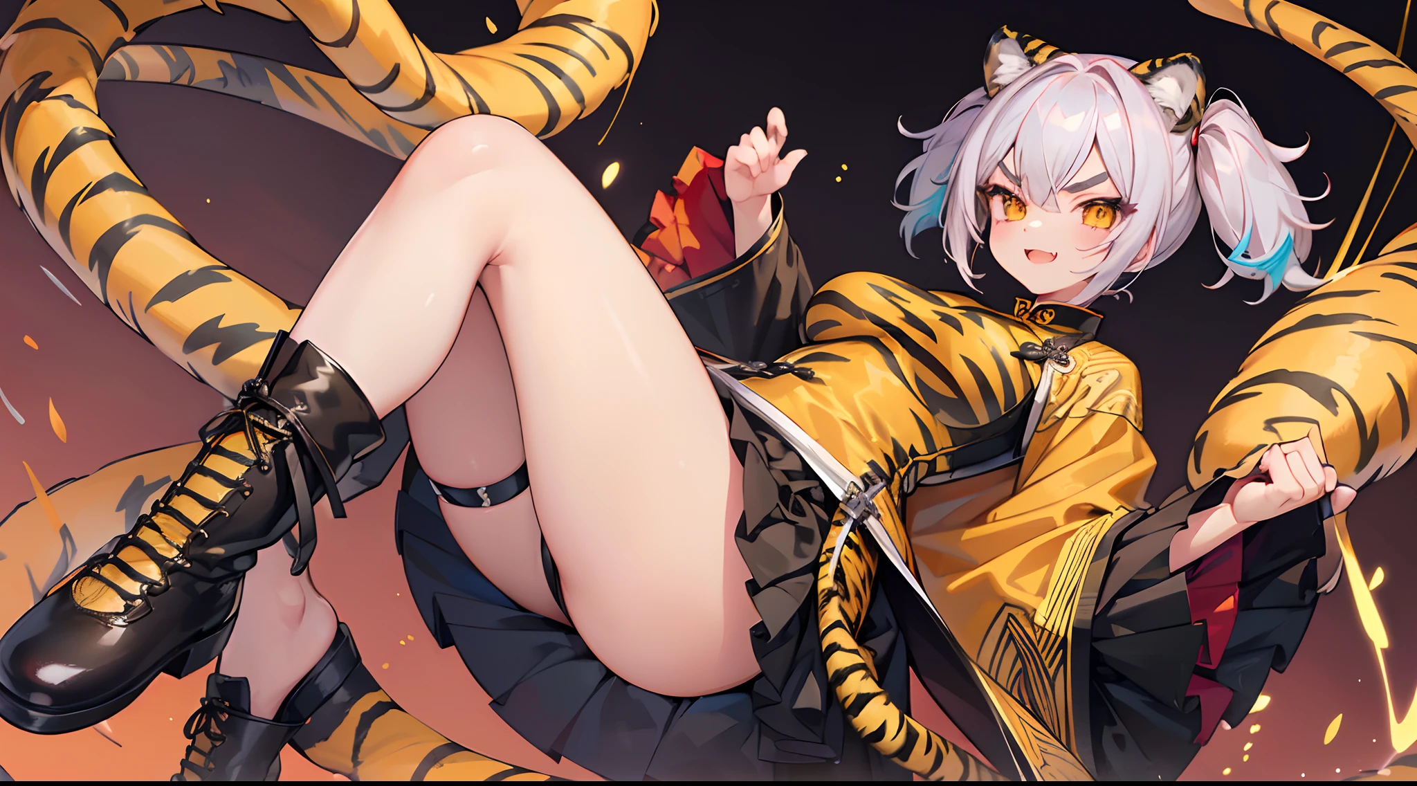 (Splash Art), (masutepiece ,Best Quality:1.2), Perfect Anatomy, 1girl in, Detailed face, Smile strongly, Open mouth, Fangs Out, Lovely Big Breasts, Blush Eyeshadow, Blue hair, ((Medium short hair)), ((hair messy)), (Short hair), (((Unkempt hair))), ((Big size short twin tails)), ((High twin tails)), ((oblique bangs)), Yellow eyes, slanted eye, ((Thick eyebrows)), tusk, (((Spiteful smile, Smirk, tusk))), ((Black cheongsam shirt)), Black Pleated Short Skirt, spike choker, Spike Leg Ring, Black shoes, Yellow belt, Highly detailed fine art, (finely detailed beautiful eyes and detailed face), delicate portrayal of facial features, Detailed Metal Jewelry, Colorful, Long length, Precision Line, Large-scale muralists, manticore, (((a tiger))), (((Real tiger))), Gold-sprinkled background, Chinese background