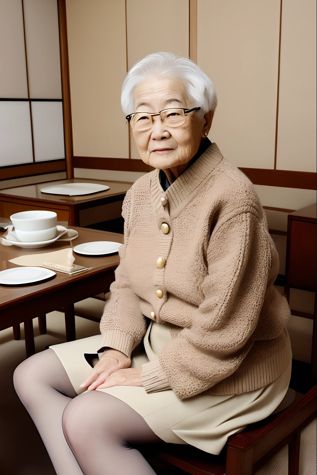 masterpiece,high quality,highrez, anime, 1female, solo, japanese woman, grandma, ((old lady)),  very short hair, beige sweater, fat body, skirt, black tights, full body, sitting, japanese room