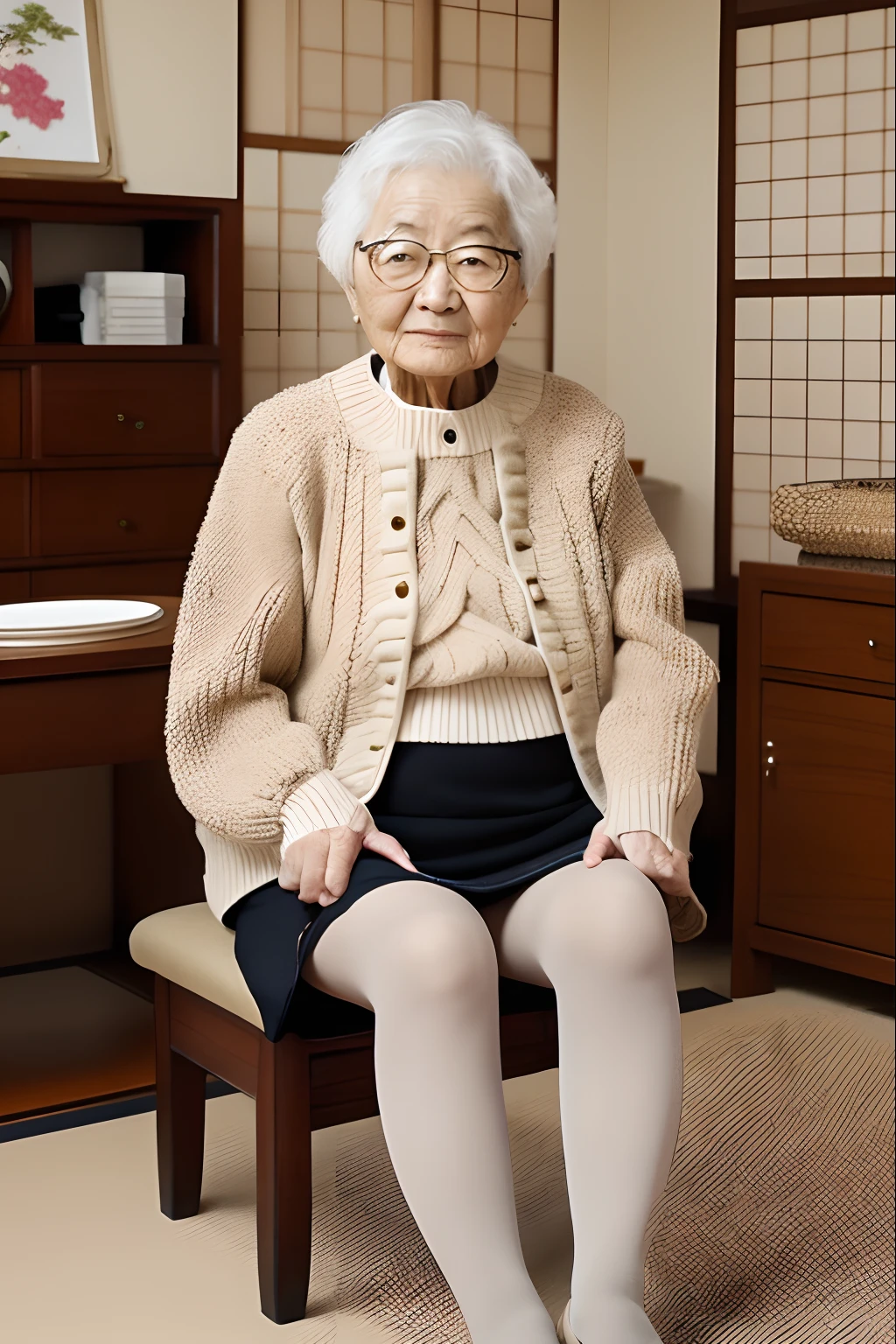 masterpiece,high quality,highrez, anime, 1female, solo, japanese woman, grandma, ((old lady)), very short hair, beige sweater, fat body, skirt, black tights, full body, sitting, japanese room