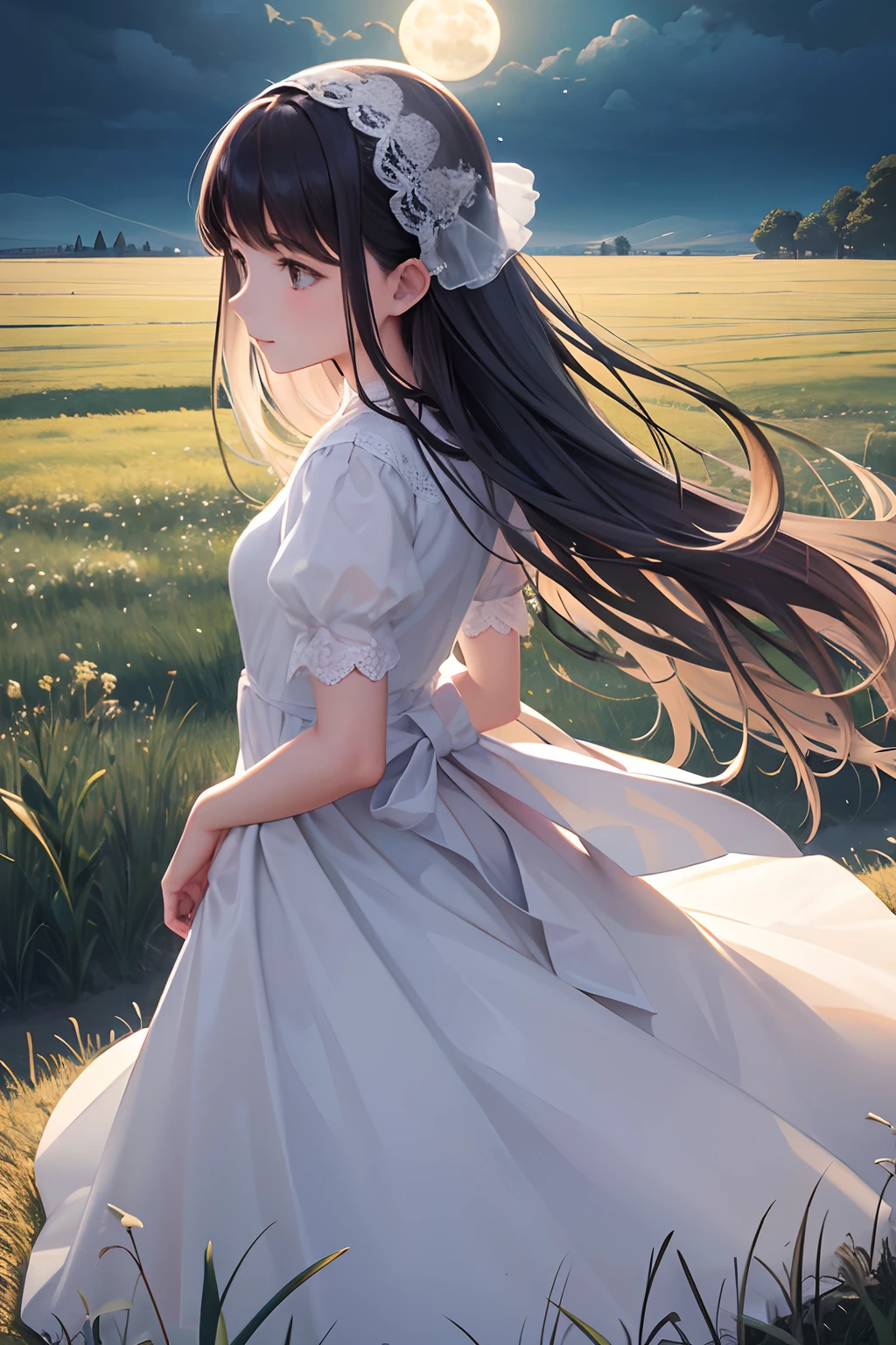 grassy fields,Shrouded in moonlight,Distant lady,far off,broad,dream magical,White moonshine,the night,The wind blows hair,Wide meadow