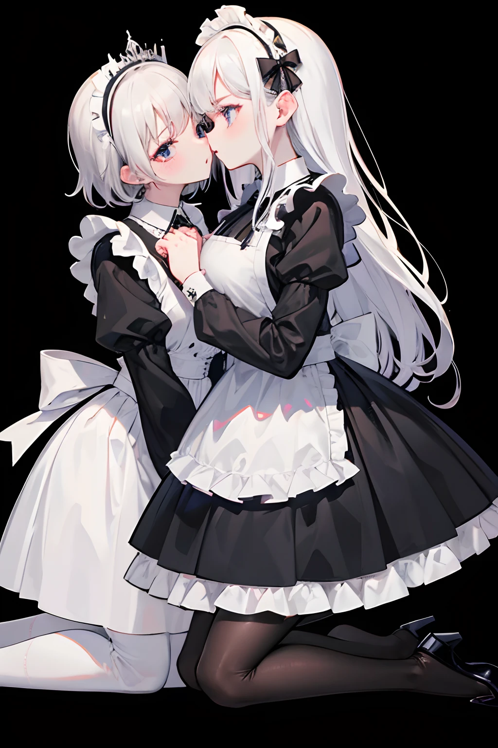 Rajini and Maid, they're kissing..,Big ,White shirt,With school uniform,With a Gothic Lolita bib.,black pantyhose,mediuml breasts,princess,queen,bride,aroused,full body image, black background