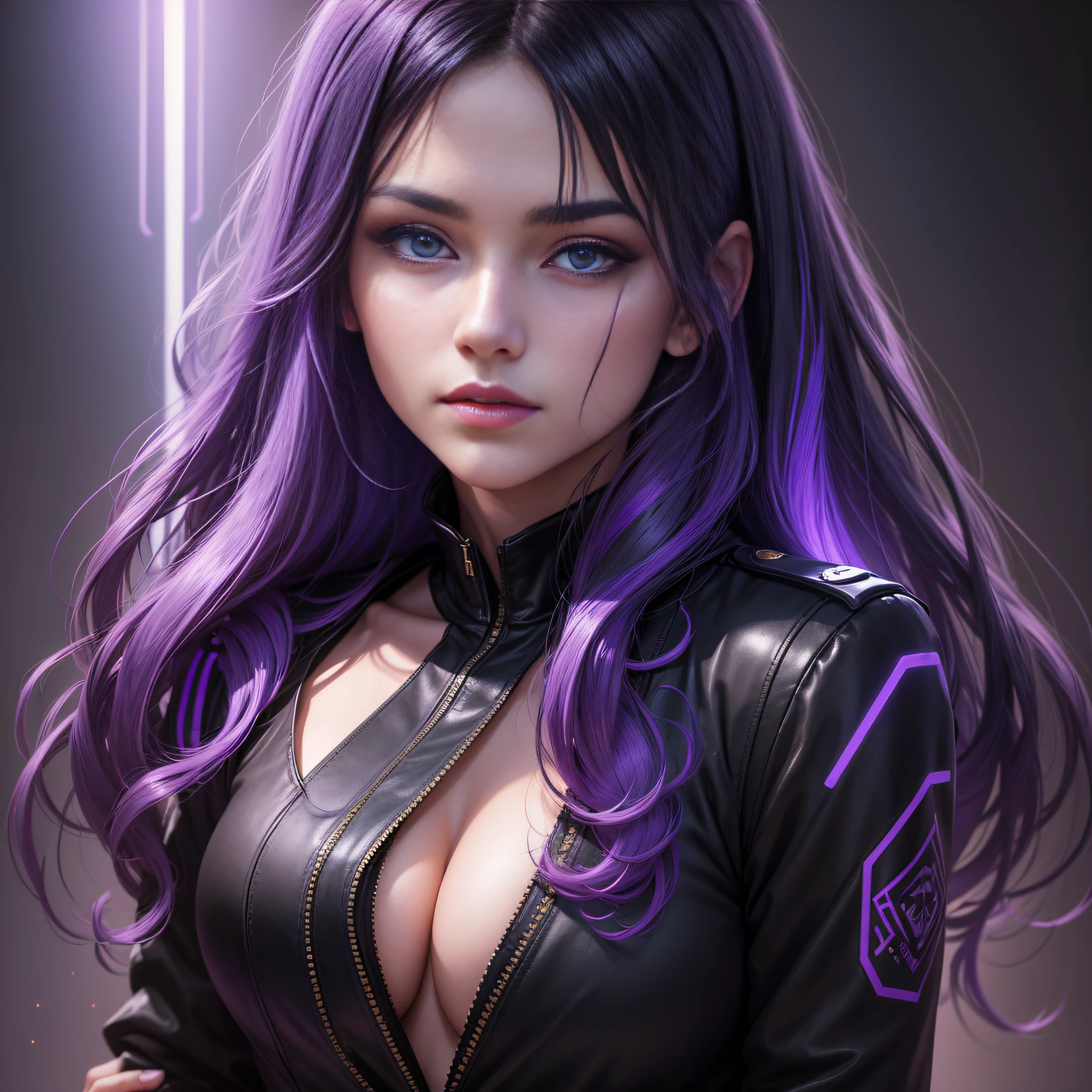 ((masterpiece)), ((realistic)), single portrait of a 25 years old beautiful woman wearing a black military jacket, deep cleavage, long wavy black hair with purple and blue neon highlights and lighting, detailed sensual face, plain black background, purple and blue neon lighting