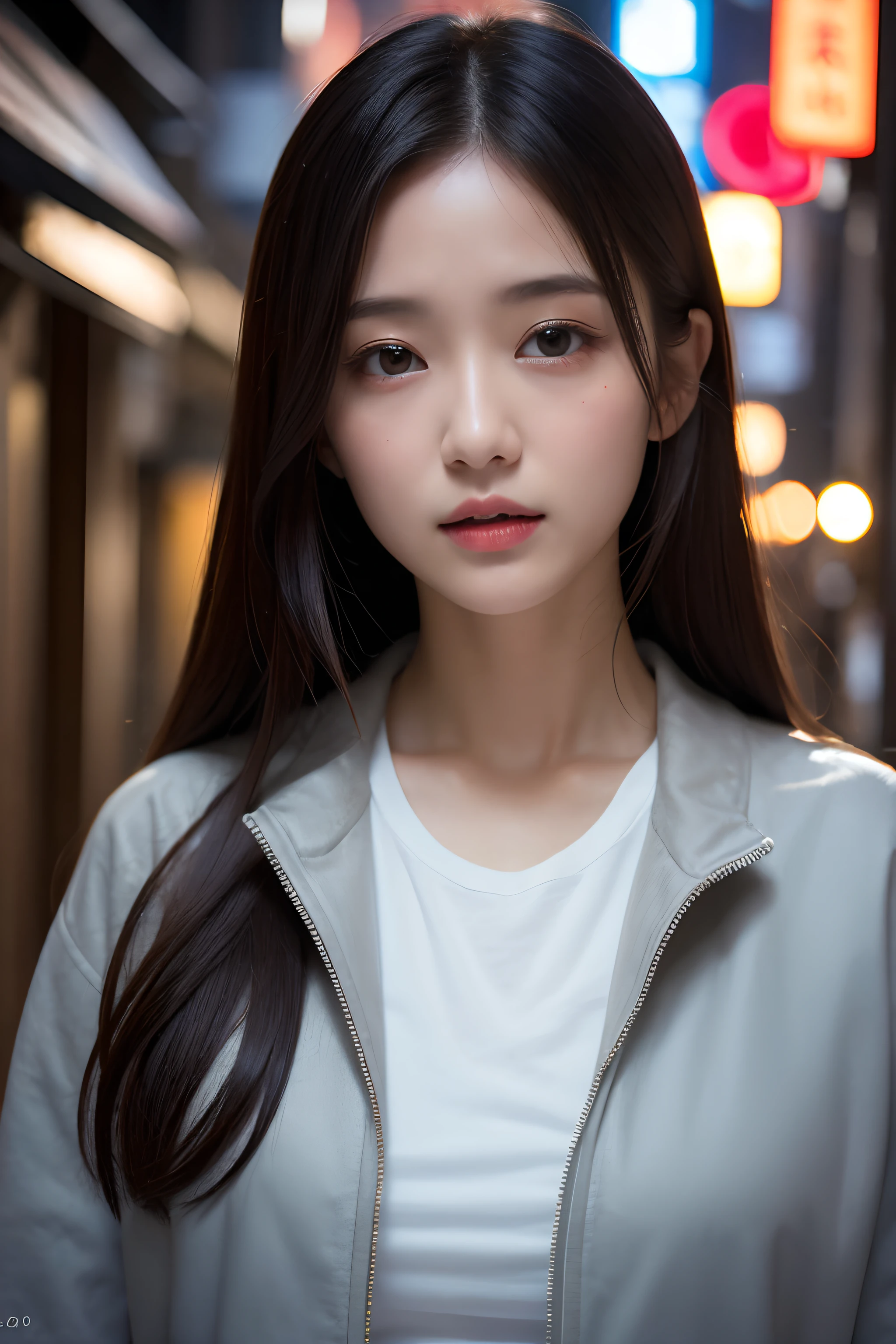 1girl in、Streets of Tokyo、natta、A city scape、city light、The upper part of the body、a closeup、White T-shirt and grey jacket、small tits、8K、Raw photography、top-quality、masterpiece、realisitic、Photorealsitic、