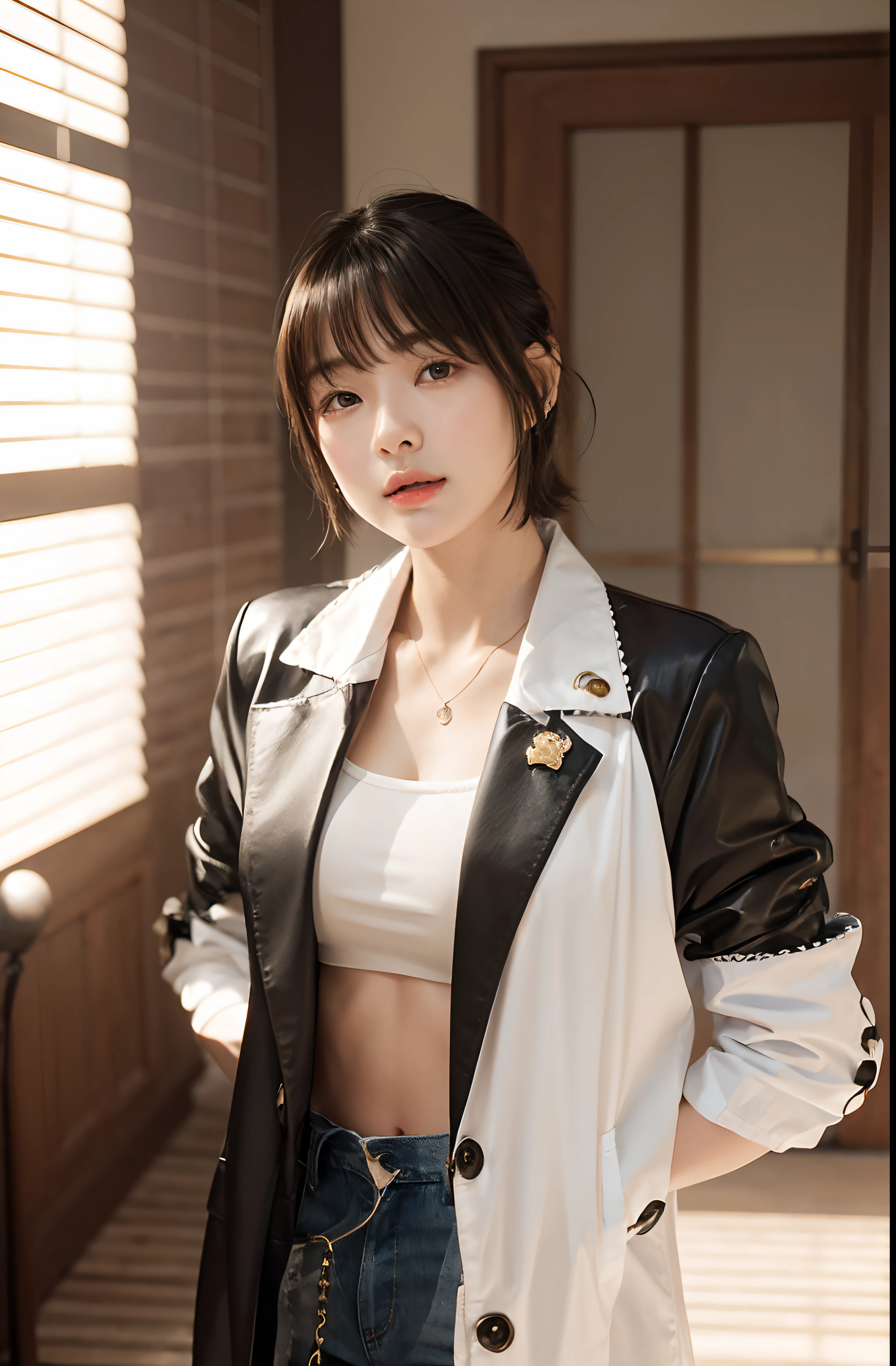 nudde、fullnude、NSFW、Generate images of seductive young woman in photorealistic style, Capture in 8K resolution, Similar to the exquisite beauty of Korean actress Park Kyu-young. She is now、Wearing stylish jeans and a long-sleeved white shirt.

Her features are impressive, and Large, Expressive eyes, small mouth, and a straight nose that gives her a doll-like look. She has a short bob haircut with shiny black hair. The image should highlight the details of her delicate face.

The background is rough々Right, White-dominated architectural environment. Photo taken with DSLR camera, Eta、Lighting plays with extreme contrasts of light and shadow. She leans her arm against the railing, gazing into distance, Away from Camera, Create an air of mystery.