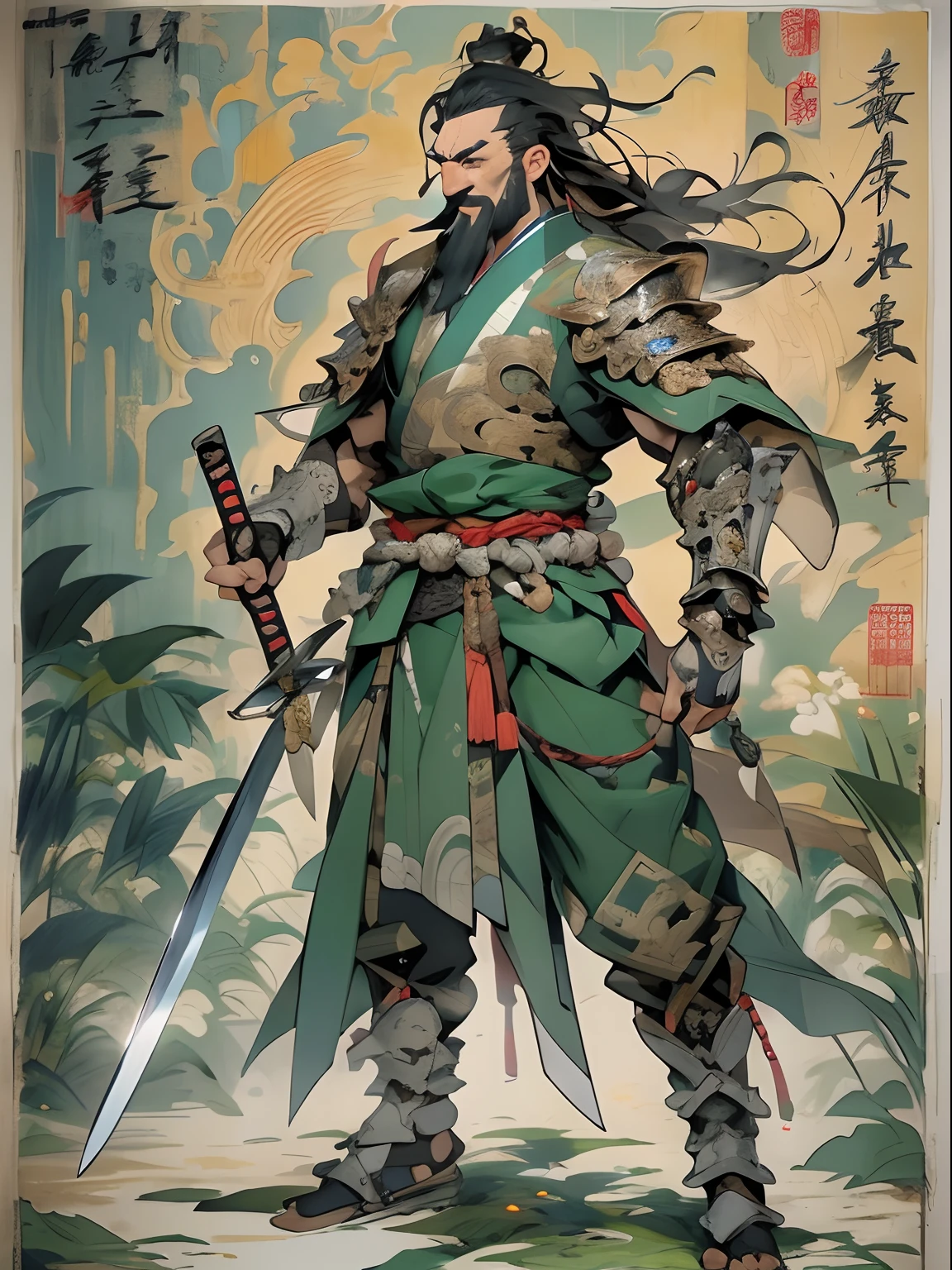 (((China-style,Ink painting method,Half-length portrait,Intense color,Han dynasty, China,Hanfu,Armor,Guan yu,Guan Yunchang,of a guy,Ruddy killing square face,Hold the Blue Dragon Moon Knife in his right hand,Stroke your beard with your left hand,Long hair,petty eyes,Green robe))), (((best qualityer))), (((tmasterpiece))), (((AS-Adult))), ((( Japanese ))), Look up from your knees, Handsome Asian samurai,perfect body figure, Modern samurai, ((( Asian))), Wear gloves on your hands,The left arm is made of steel and metal tips,Made of protective devices, The eyes are pulled, (( Appears below the chest )), (( Small dental floss )), Simon Bisley, Almost naked(Simon Bisley)Castle City Wilderness,For high-resolution posters, hair straight, Minimum clothing, armure (Crazy clothes ), Full of tips and rivets, tribal tattoos, (((full bodyesbian))), Straight brunette hair,Colored hair ends