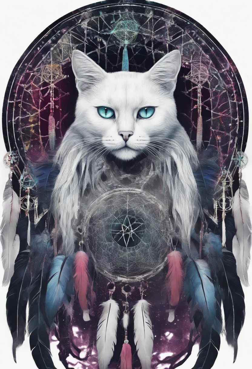 (White cat in the circle of colorful dream catchers),"T-shirt design with circular silhouette of cat face, Crescent, and stars in the