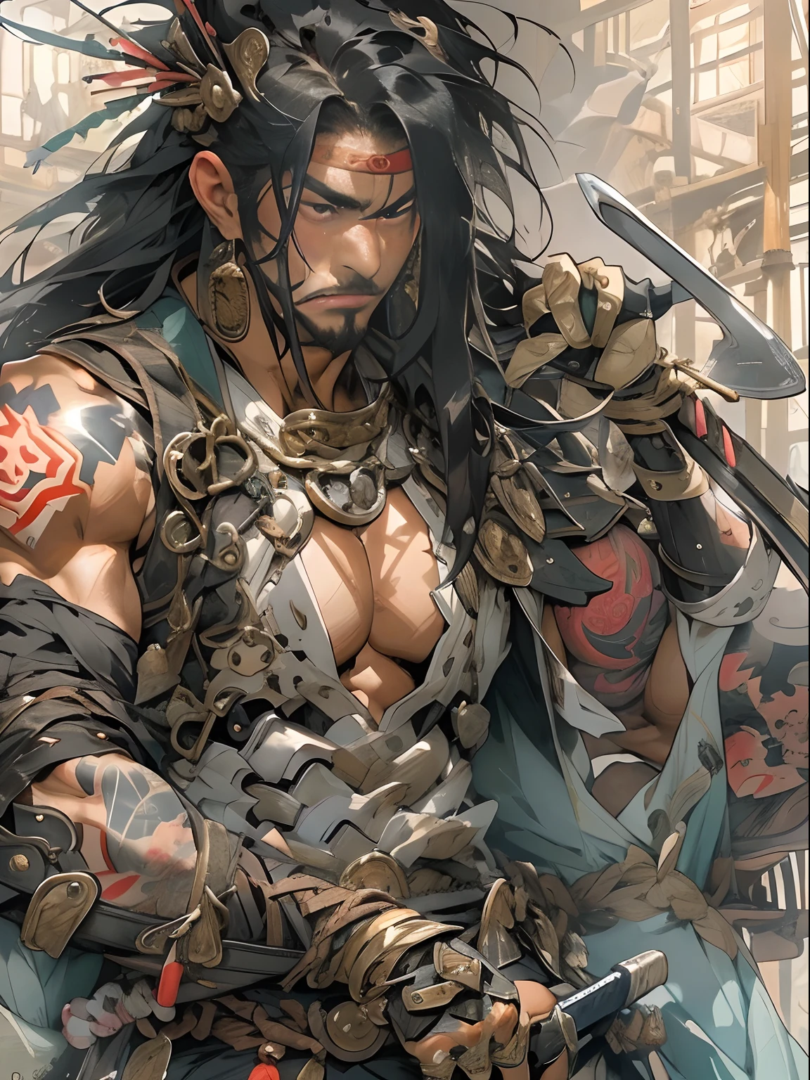 (((mtu))), (((best qualityer))), (((tmasterpiece))), (((AS-Adult))), ((( Japanese ))), Look up from your knees, Handsome Asian samurai,perfect body figure, Modern samurai, ((( Asian))), Wear gloves on your hands,The left arm is made of steel and metal tips,Made of protective devices, The eyes are pulled, (( Appears below the chest )), (( Small dental floss )), Simon Bisley, Almost naked(Simon Bisley)Castle City Wilderness,For high-resolution posters, hair straight, Minimum clothing, armure (Crazy clothes ), Full of tips and rivets, tribal tattoos, (((full bodyesbian))), Straight brunette hair,Colored hair ends