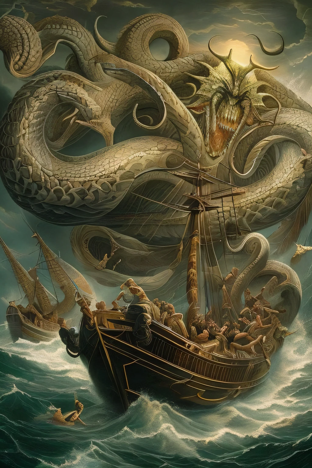 high details, (masterpiece, ultra-high resolution:1.4), Odysseus and his men must navigate the straits between Scylla and Charybdis. Scylla is a (six-headed monster:1.2) and Charybdis is an (enormous whirlpool:1.2)