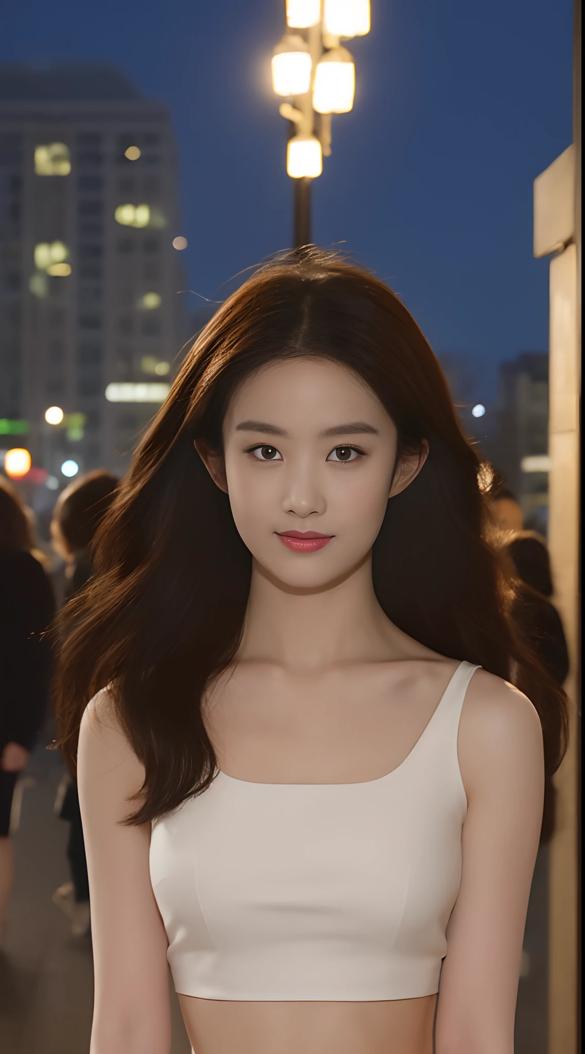 ((Realistic lighting, Best quality, 8K, Masterpiece: 1.3)), Clear focus: 1.2, 1girl, Perfect beauty: 1.4, Big breasts: 1.2, Slim abs: 1.1, ((dark brown hair)), (White crop top: 1.4), (Outdoor, night: 1.1), City streets, Super fine face, fine eyes, Double eyelids,