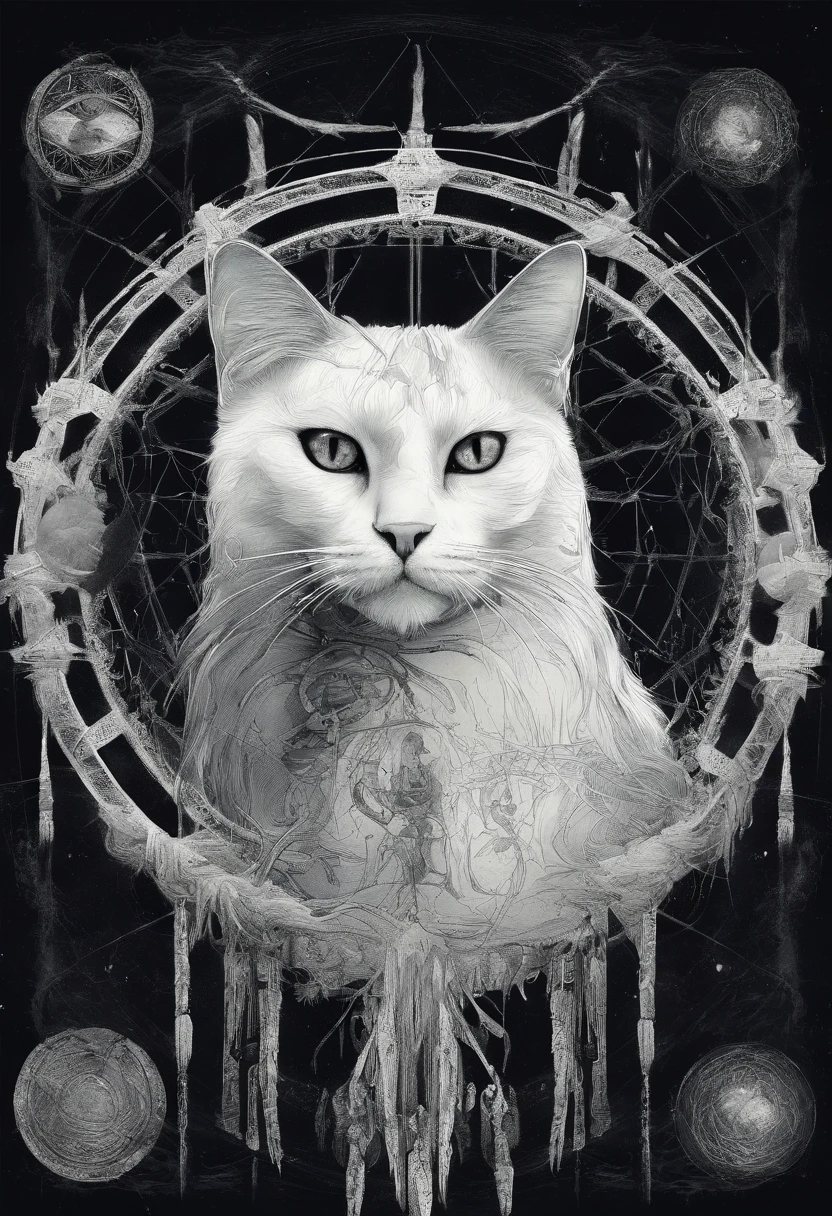 (White cat in the circle of colorful dream catchers),"T-shirt design with circular silhouette of cat face, Crescent, and stars in the
