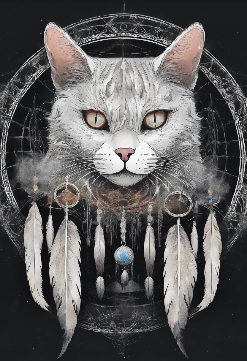 (White cat in the circle of colorful dream catchers),"T-shirt design with circular silhouette of cat face, Crescent, and stars in the
