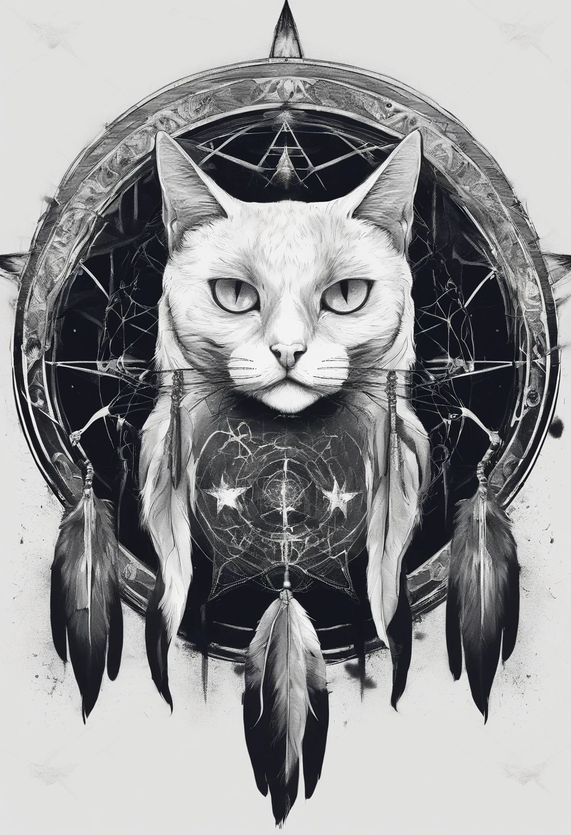 (White cat in the circle of colorful dream catchers),"T-shirt design with circular silhouette of cat face, Crescent, and stars in the