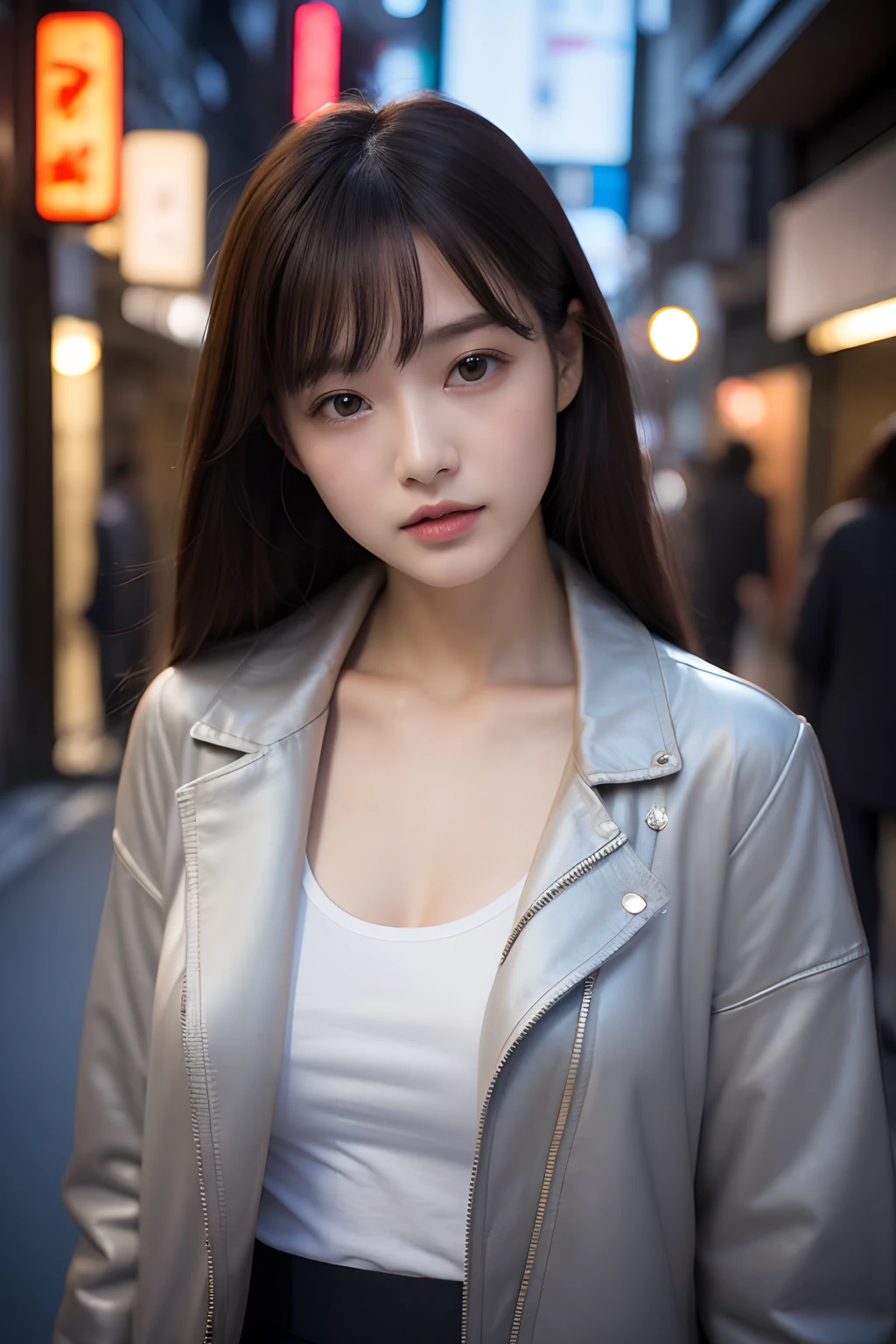 1girl in、Streets of Tokyo、natta、A city scape、city light、The upper part of the body、a closeup、White T-shirt and grey jacket、small tits、8K、Raw photography、top-quality、​masterpiece、realisitic、Photorealsitic、