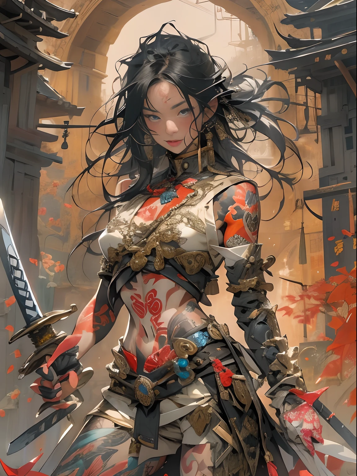 (((woman))), (((best qualityer))), (((tmasterpiece))), (((AS-Adult))), ((( Japanese ))), Look up from your knees, A beautiful asian samurai woman with perfect body, Modern samurai, ((( Asian))), Wear gloves on your hands,The left arm is made of steel and metal tips,Made of protective devices, The eyes are pulled, (( Appears below the breast )), (( Small dental floss )), Simon Bisley, Almost naked(Simon Bisley)Castle City Wilderness,For high-resolution posters, hair straight, Minimum clothing, armure (Crazy clothes ), Full of tips and rivets, tribal tattoos, (((full bodyesbian))), Straight brunette hair,Colored hair ends