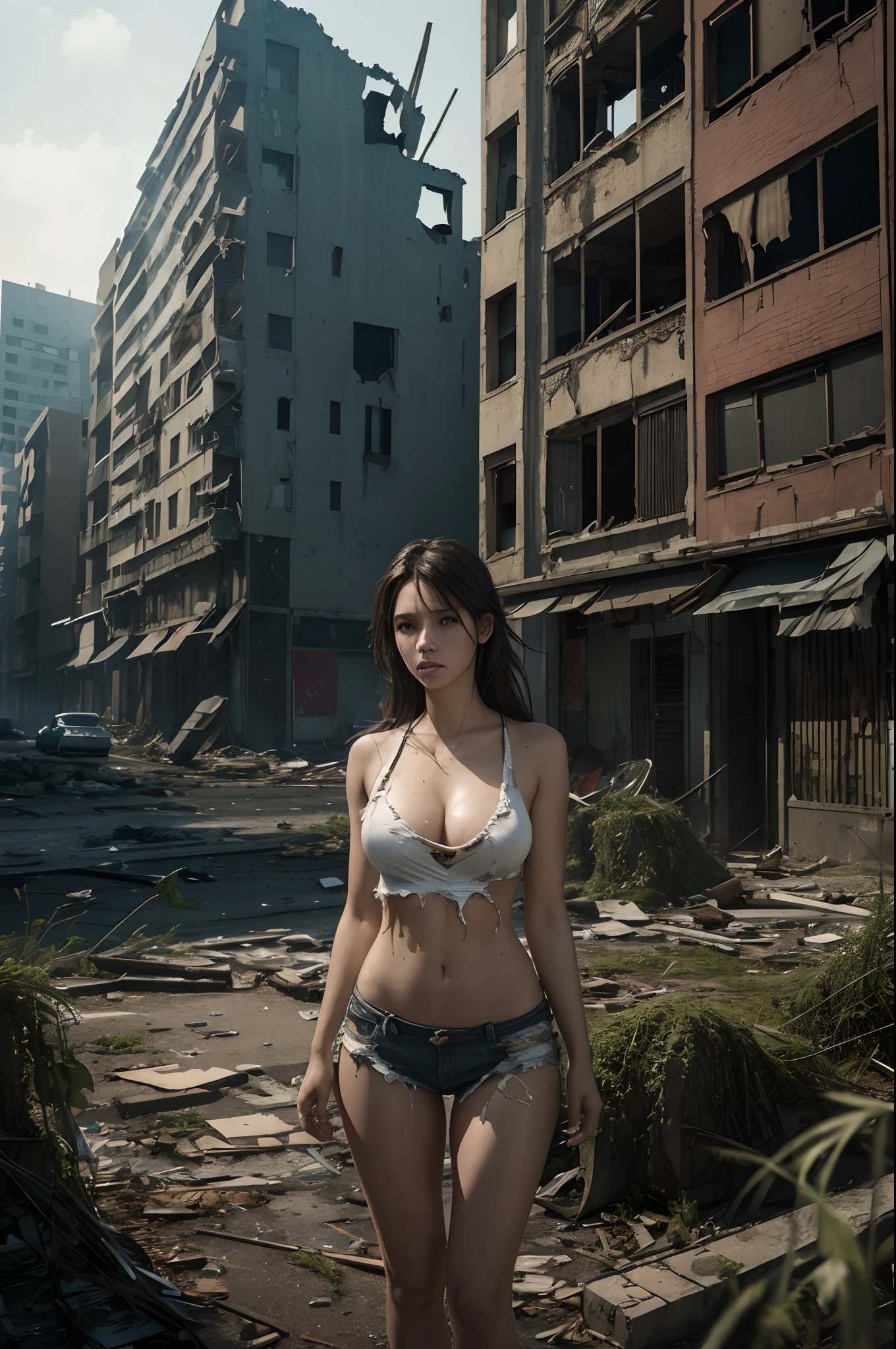 (Photorealistic:1.4), (Raw photo, 8k, best quality, masterpiece, high resolution), 1girl, beautiful, sexy, alone, torn clothes, abandoned city street, worried, detailed, fallen city, lost world, (weeds on building)