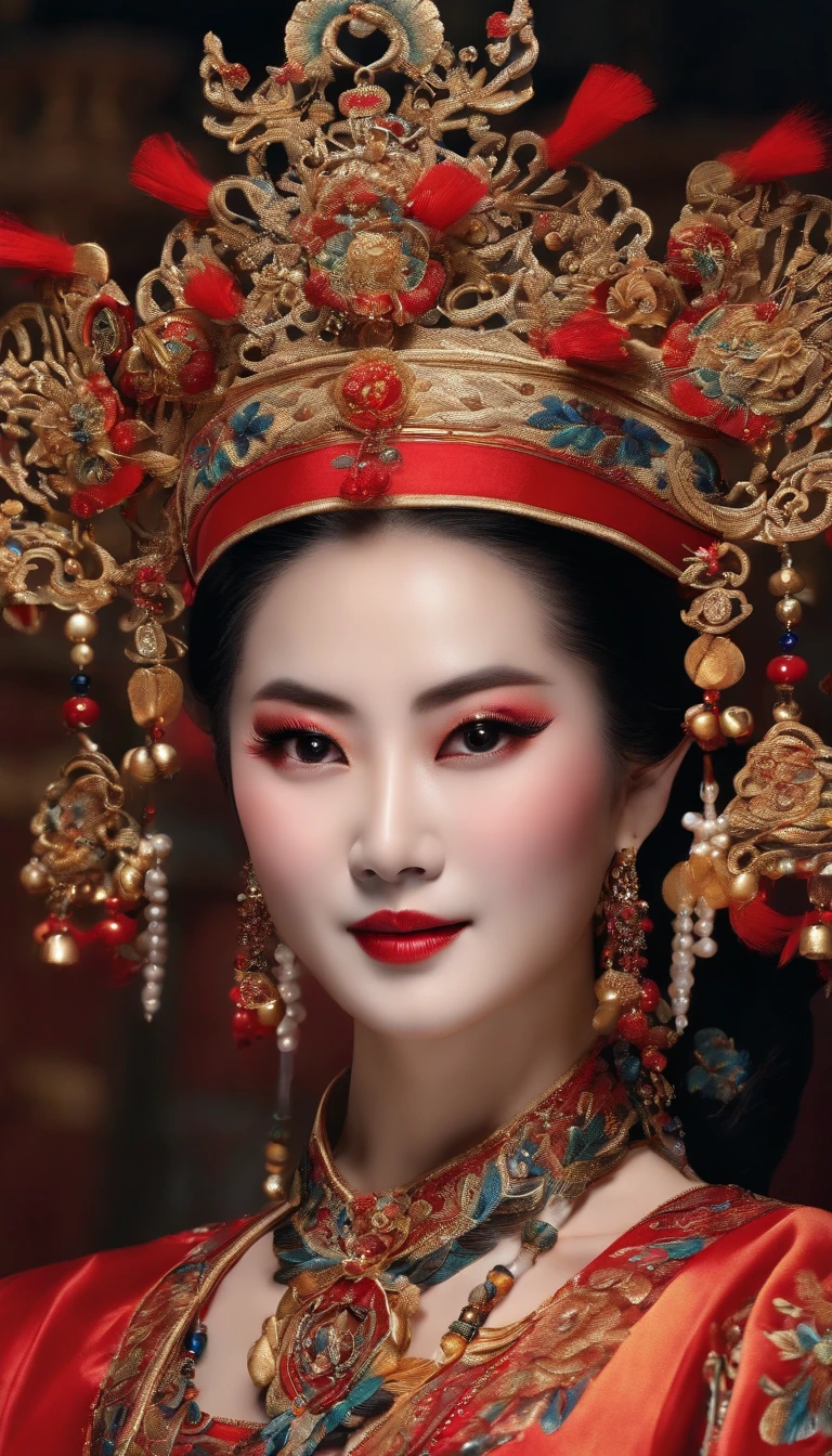 A woman in a red dress and gold headpiece with red hair - SeaArt AI