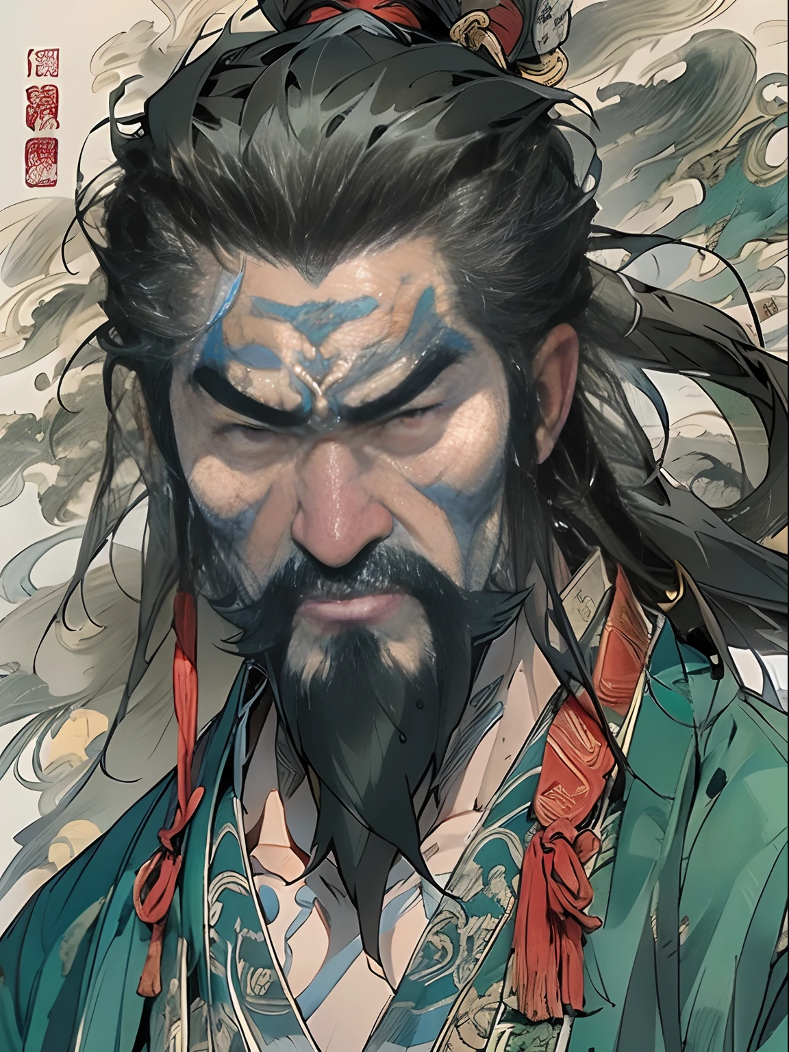 (((China-style，Ink painting method，Half-length portrait，Intense color，Han dynasty, China，Hanfu，Armor，Guan yu，Guan Yunchang，of a guy，Ruddy killing square face，Hold the Blue Dragon Moon Knife in his right hand，Stroke your beard with your left hand，Long hair，petty eyes，Green robe))), (((best qualityer))), (((tmasterpiece))), (((AS-Adult))), ((( Japanese ))), Look up from your knees, Handsome Asian samurai，perfect body figure, Modern samurai, ((( Asian))), Wear gloves on your hands，The left arm is made of steel and metal tips，Made of protective devices, The eyes are pulled, (( Appears below the chest )), (( Small dental floss )), Simon Bisley, Almost naked（Simon Bisley）Castle City Wilderness，For high-resolution posters, hair straight, Minimum clothing, armure (Crazy clothes ), Full of tips and rivets, tribal tattoos, (((full bodyesbian))), Straight brunette hair，Colored hair ends