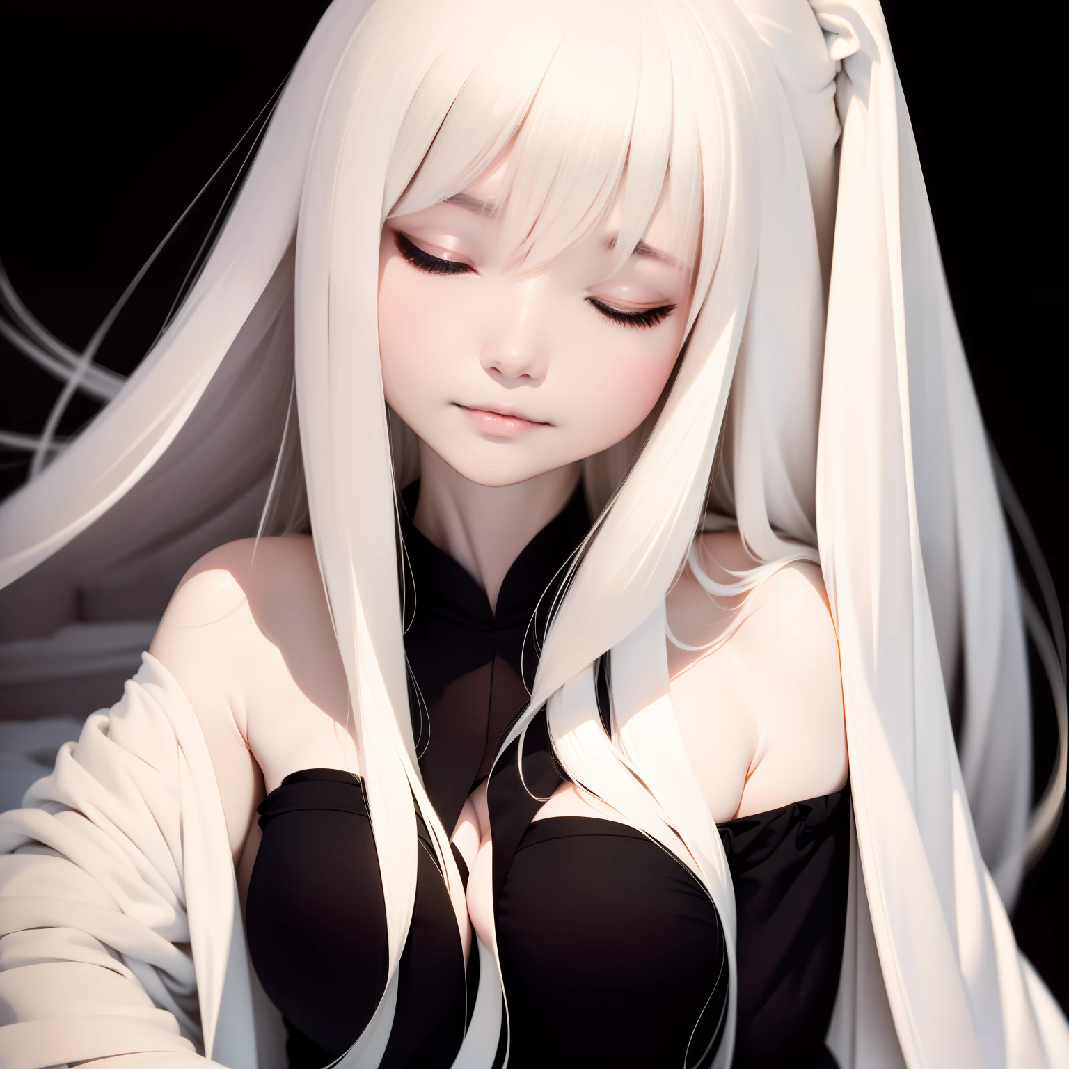 top-quality、masutepiece、portlate、albino、(((独奏)))、Beautuful Women、Extraordinary beauty、30-years old、Silky silver hair、length hair、((Close your eyes:1.3))、((Heavy white robes))、Freezing、Get to grips、Dignified appearance、(((Black background:1.3)))