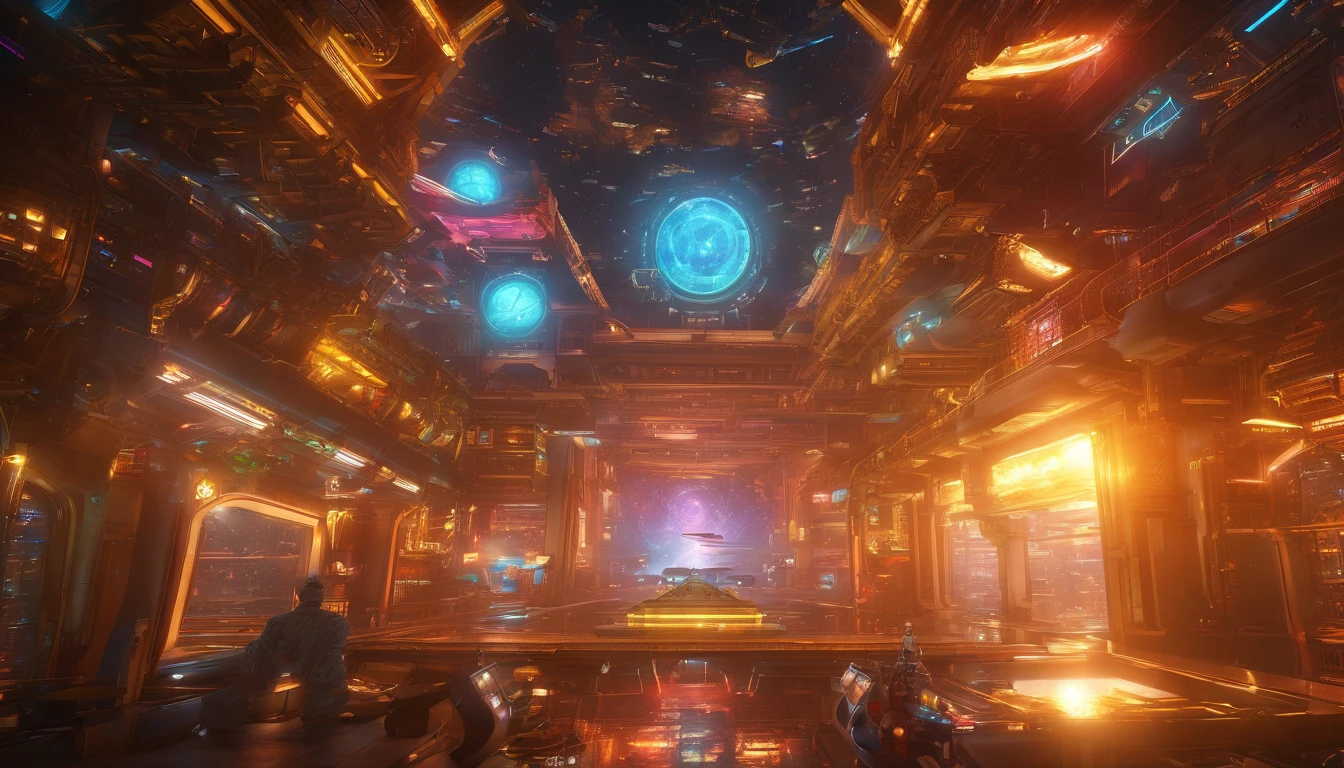 (highest standard picture quality), (master works), (8k wallpaper), Panorama, Interstellar School, school built on huge space station in space City, translucent luxury space station ecosystem artificial creation is beautiful, lakes, rivers, mountains, hills everywhere, streamline from land to water Chinese luxury architecture, all-round rational use of space station, Golden ornate architecture, let the entire space station shine golden light, embellished with luxury gems, integrated into the entire starry sky, Chinese decorative patterns all over the space station and interstellar Academy, countless spacecraft in and out of the space station, perfect composition, professional, Mestville, commissioned, best quality, fixed after, retouching, improvement, idyllic, tone mapping, highly detailed, digital painting, art station, Long dam concept map, Smoothness, Sharp Focus, beautiful Illustrations, Photos, Backlight, Dynamic Lighting, Fog Son, Complex, Film grain, Professional, Facing the Audience, Volume Lighting, Underground Scattering, Good Highlights, Good Shadows, Movies, Beautiful studio, Soft Light, Edge Light, Elegant, Beautiful Background, Octane Render, HR Giger Style, 8K, top quality, masterpiece, illustration, glossy beauty, highly detailed, CG wallpaper, (realistic, fidelity: 1.37), excellent, exquisitingly detailed presentation, masterpiece, top quality, official art, very verbose