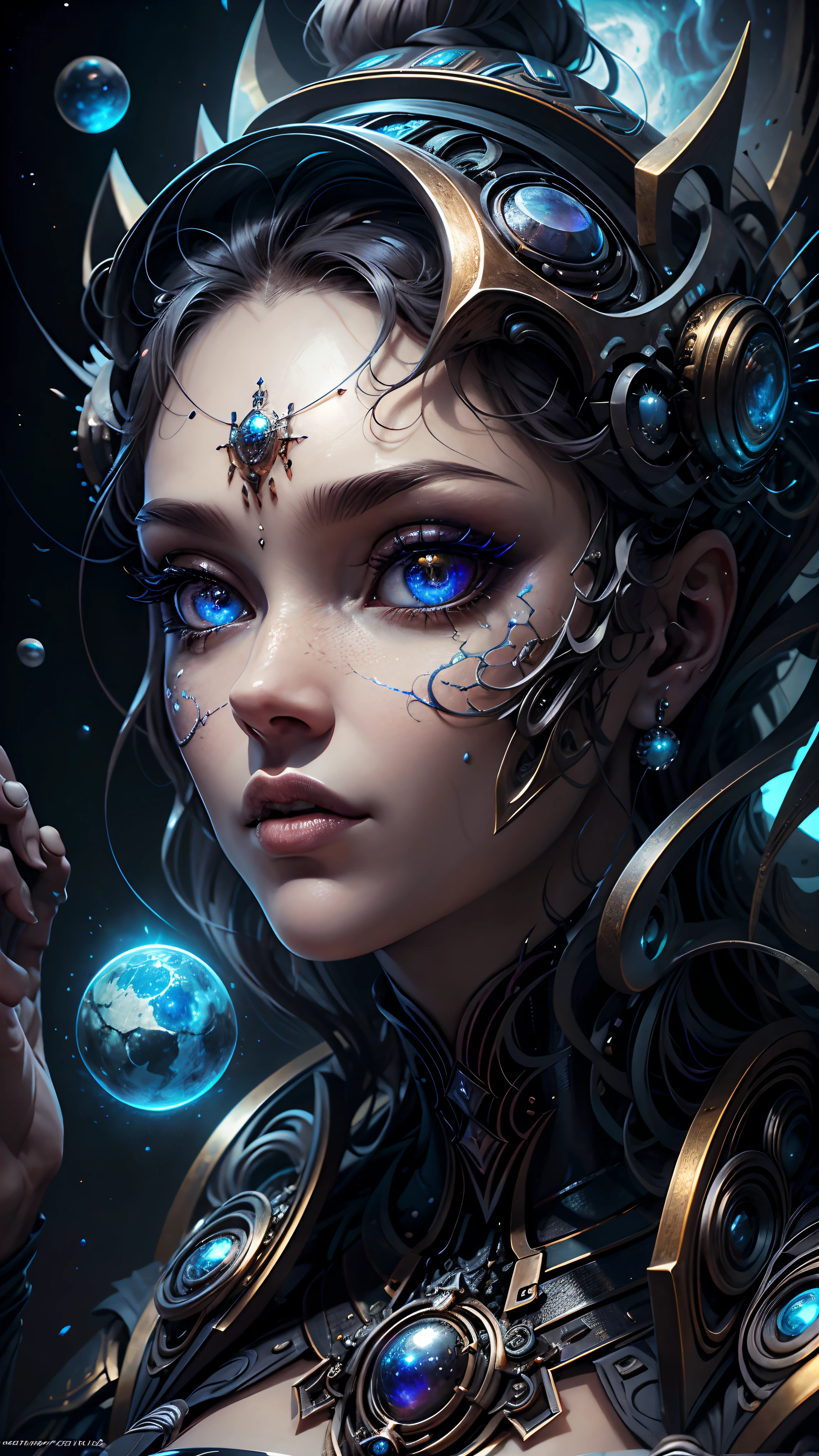 (melhor qualidade,Ultra - Detalhado,best illustration,Melhor sombra,tmasterpiece,A high resolution,ProfissionalArtwork,obras de arte famosas),Olhos detalhados,Olhos belos,clivagem em close-up,scientific fiction,esclera colorida,robot eyes,marcas faciais,Tatuado com,(fractalizado,olhos fractais),olhos grandes,olhos arregalados,(foco ocular),Foco Sface,Cosmic eyes,Olhos espaciais,Close-up da escultura de metal de uma mulher com uma lua em seu cabelo,deusas。Detalhe extremamente alto,Retrato da deusa 3D,Imagens extremamente detalhadas da deusa,Um retrato impressionante de uma deusa,Imagem lateral da deusa,Retrato de uma bela deusa,Retrato em close-up de corpo inteiro da deusa,hecate goddess,portrait of a norse moon goddess,goddess of space and time