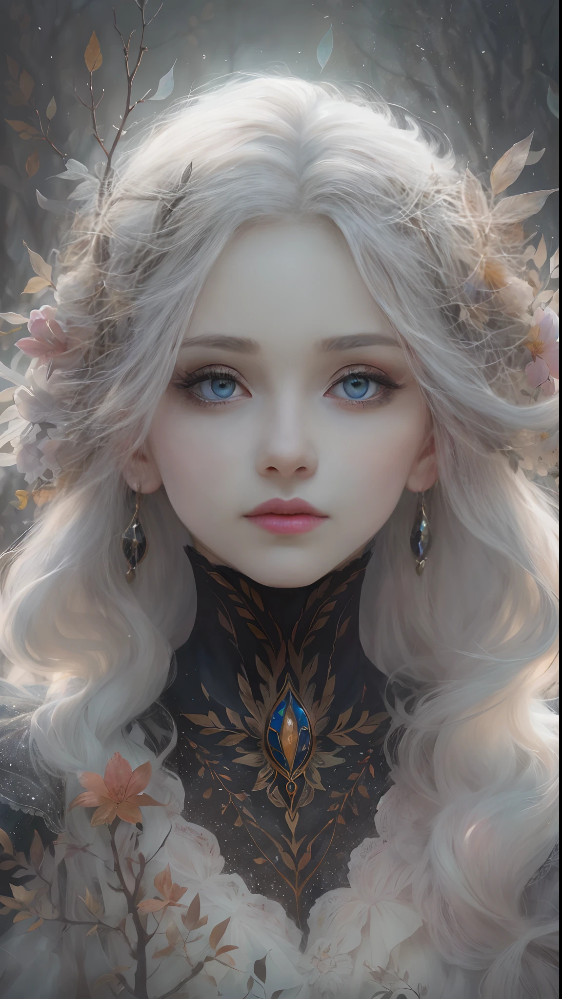 (best quality,4k,8k,highres,masterpiece:1.2),ultra-detailed,realistic(face,eyes,nose,lips),portrait,white hair,white mask,fine art,beautiful detailed eyes,beautiful detailed lips,detailed expression,ethereal beauty,enchanted pose,subtle lighting,dreamy atmosphere,dark background,expressive brushstrokes,mystical ambiance,artistic interpretation,Awesome Ghibli style costume,Whithead animesque illustration,subtle colors and tones,mysterious aura,old witch vibes