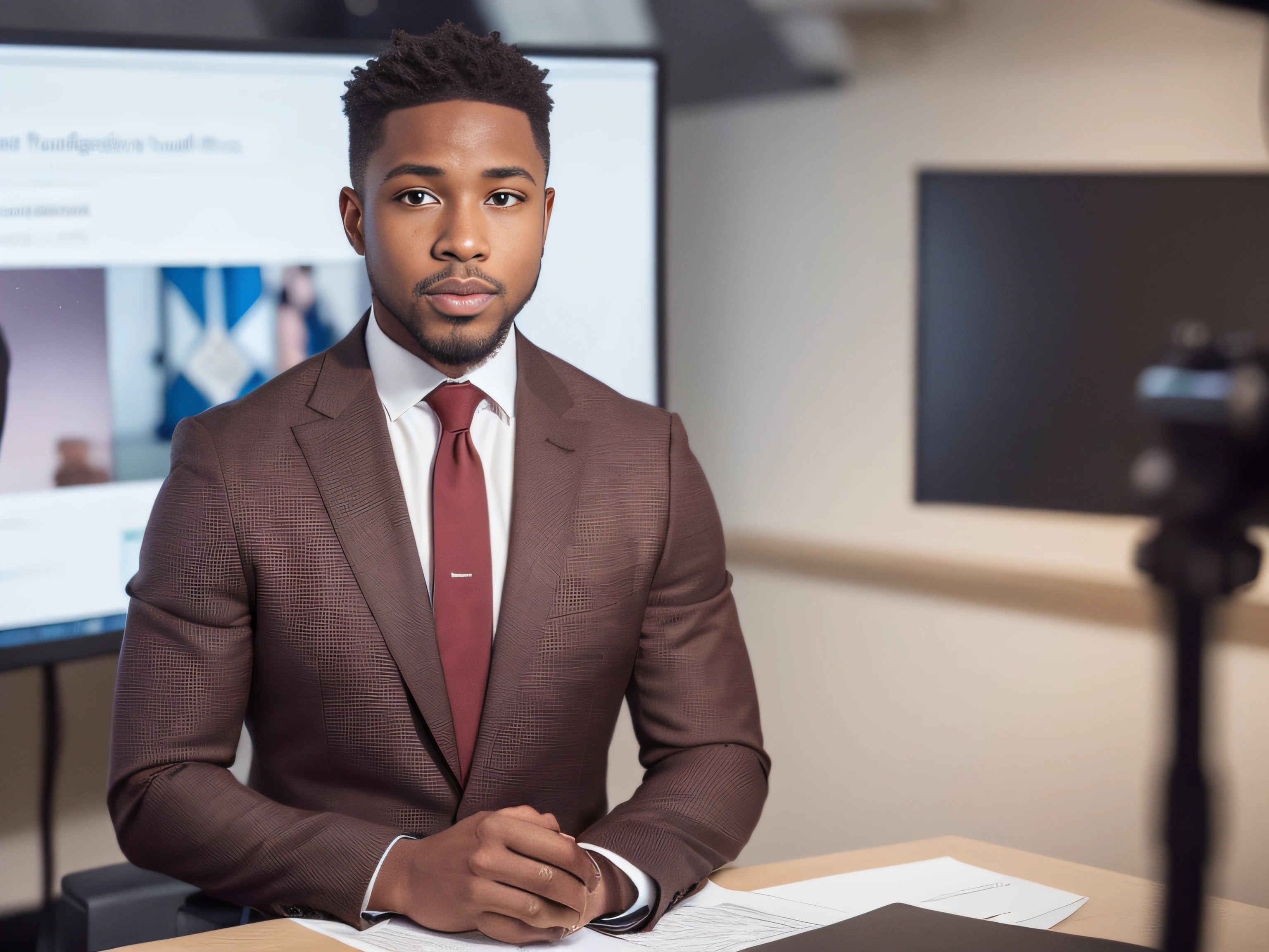 Realistic, (masterpiece, best_quality:1.1),symmetric portrait, looking at camera,1 black man, 30-years-old,young,zegna, Drop+7, Double vents, Notch lapels, Flap pockets, 2-button closure, Fully lined, Deconstructed, 100%+Wool, maroon(burgundy) suit, wearing a undercloth and tie, oxford knot, A professional black male news presenter, making engaging eye contact with the viewers, The studio background is sleek and modern, sitting behind broadcaster anchor desk, with news graphics displayed on the screens in the background,ensure clarity and detail,hyperdetailed, photorealistic,